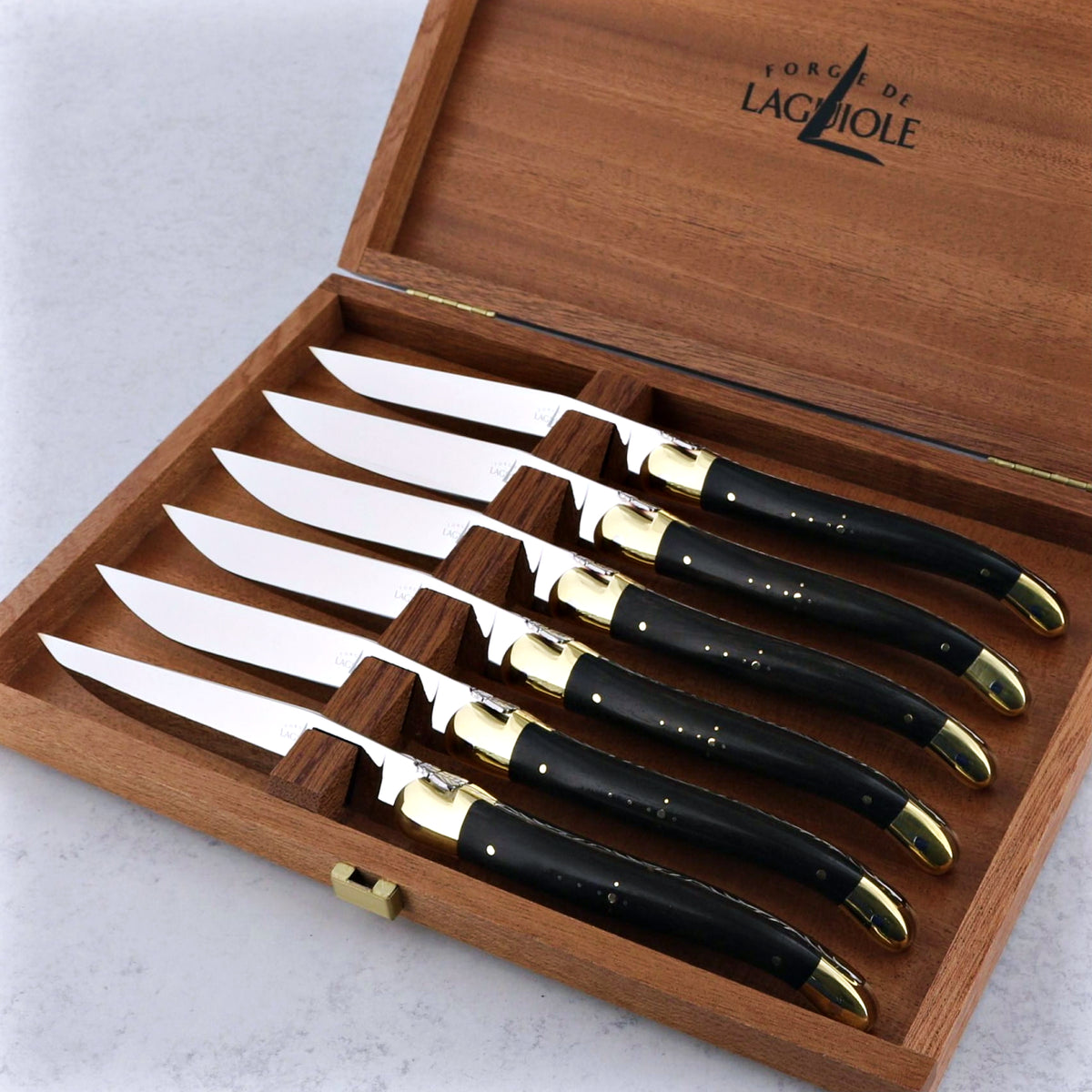 Forge de Laguiole Ebony Wood Steak Knives - Brass Bolsters - Luxury Presentation Set