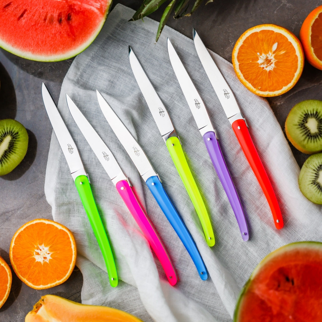 Jean-Michel Wilmotte Neon Handle Steak Knives (set of 6), - Handcrafted by Forge de Laguiole