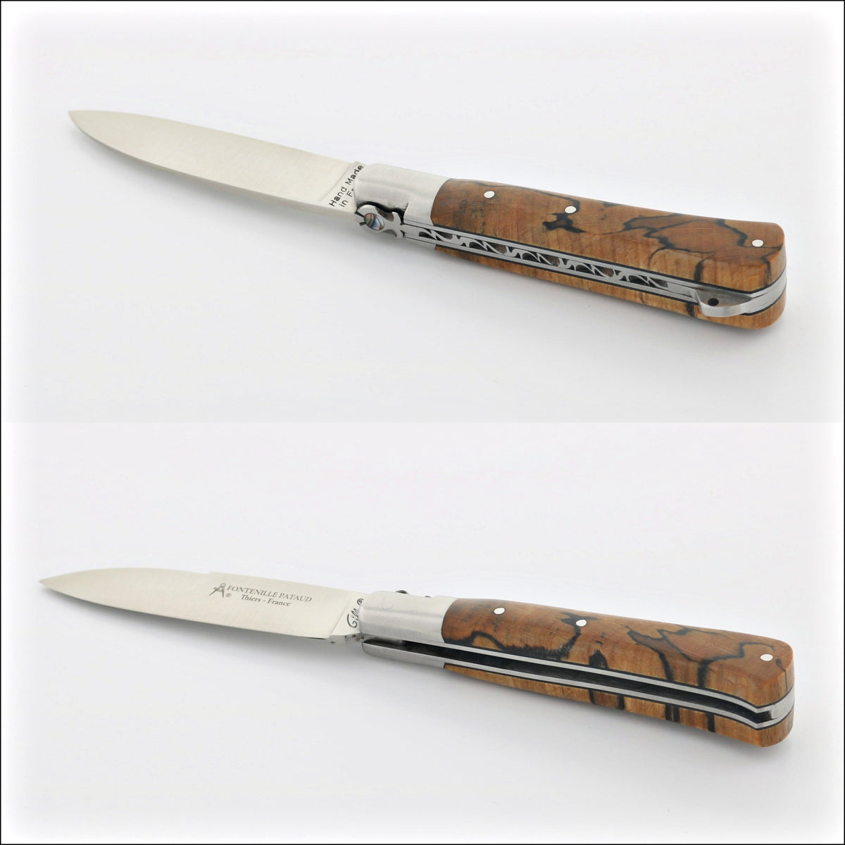 Yssingeaux 11 cm Classic Pocket Knife, top-down view of burled beech end grain handle and blade. Handcrafted details, 100% Made in France.