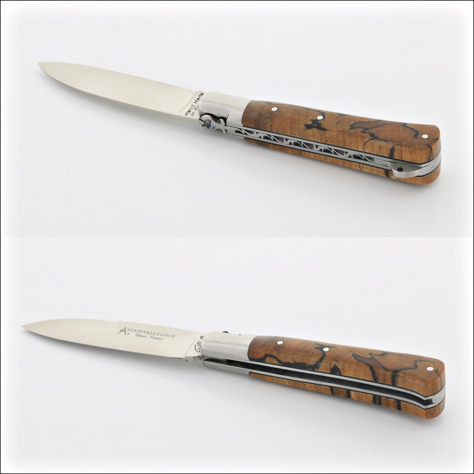 Yssingeaux 11 cm Classic Pocket Knife, side view of open blade and burled beech handle. Handcrafted details, 100% Made in France.