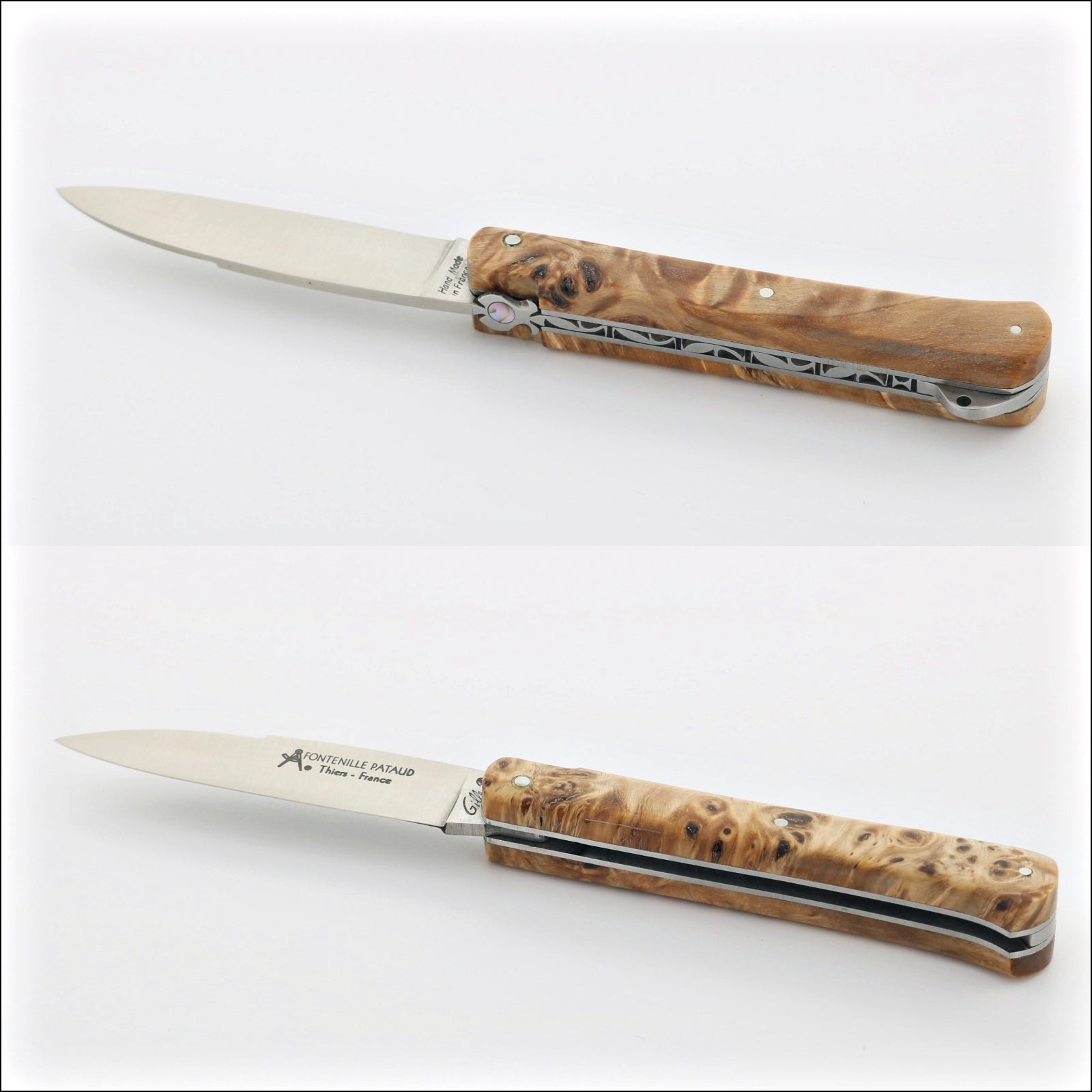 Yssingeaux 11 cm Classic Pocket Knife - Poplar Burl. Top-down view of the open knife, showcasing the intricate poplar burl handle and polished blade. Handcrafted details, 100% Made in France.