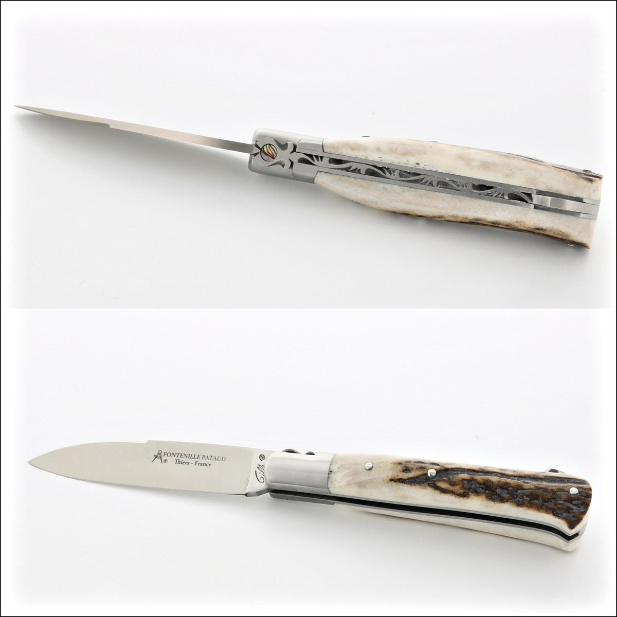 Yssingeaux 11 cm Classic Pocket Knife, top view of open blade and deer stag handle. Handcrafted details, 100% Made in France.