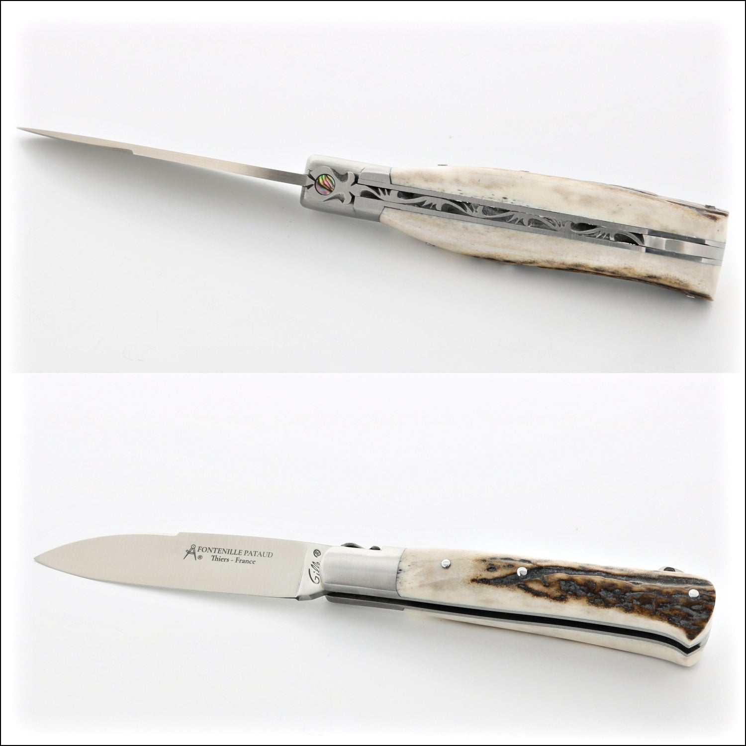 Yssingeaux 11 cm Classic Pocket Knife, top-down view of the deer stag handle. Handcrafted details, 100% Made in France.