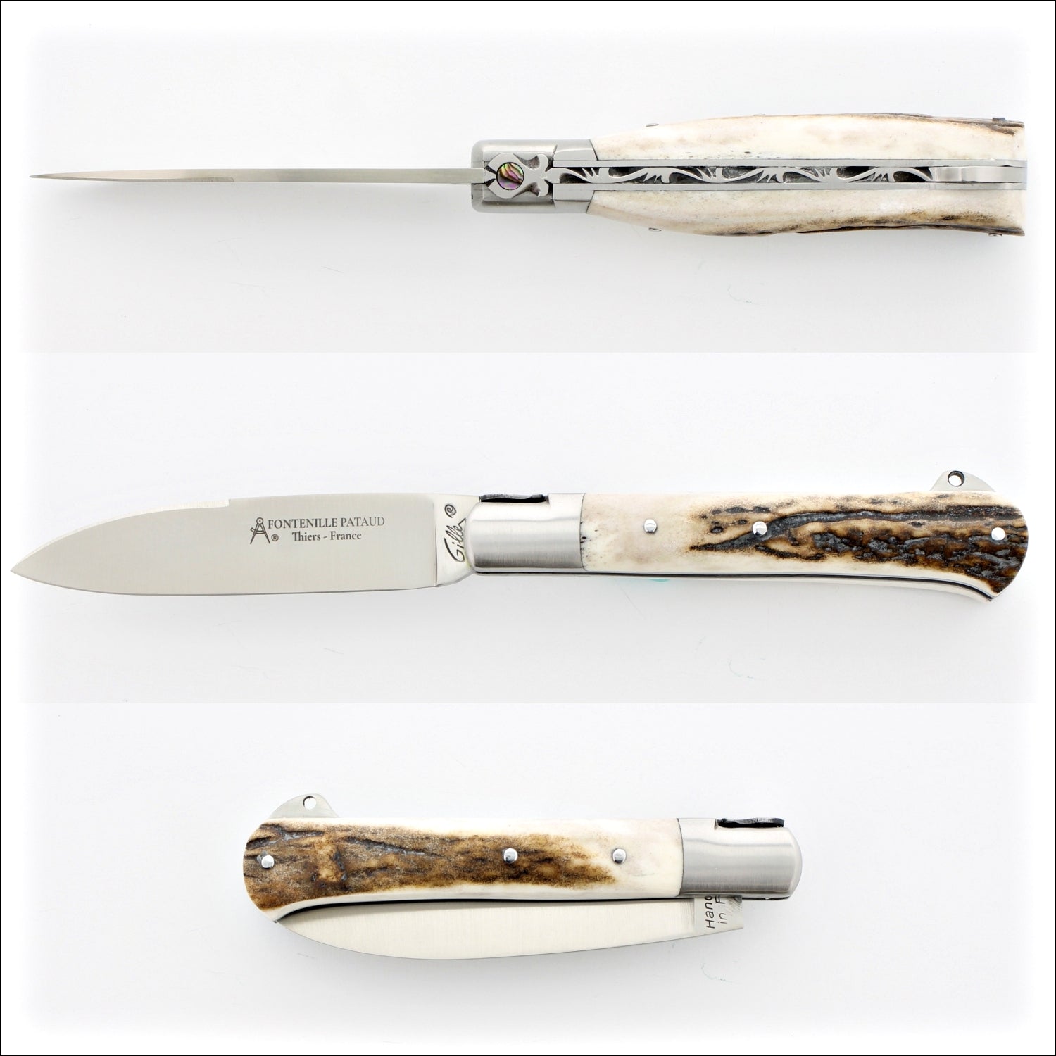 Yssingeaux 11 cm Classic Pocket Knife, top-down view of the deer stag handle. Handcrafted details, 100% Made in France.
