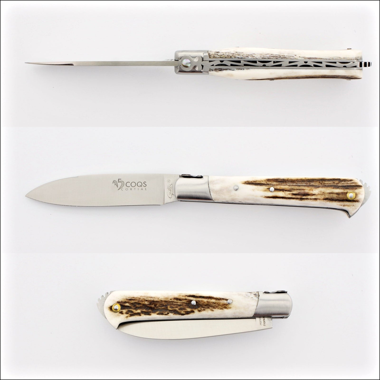 5 Coqs Pocket Knife, top-down view of open blade and handle, closed handle. Deer stag & mother of pearl inlay. Handcrafted details, 100% Made in France.