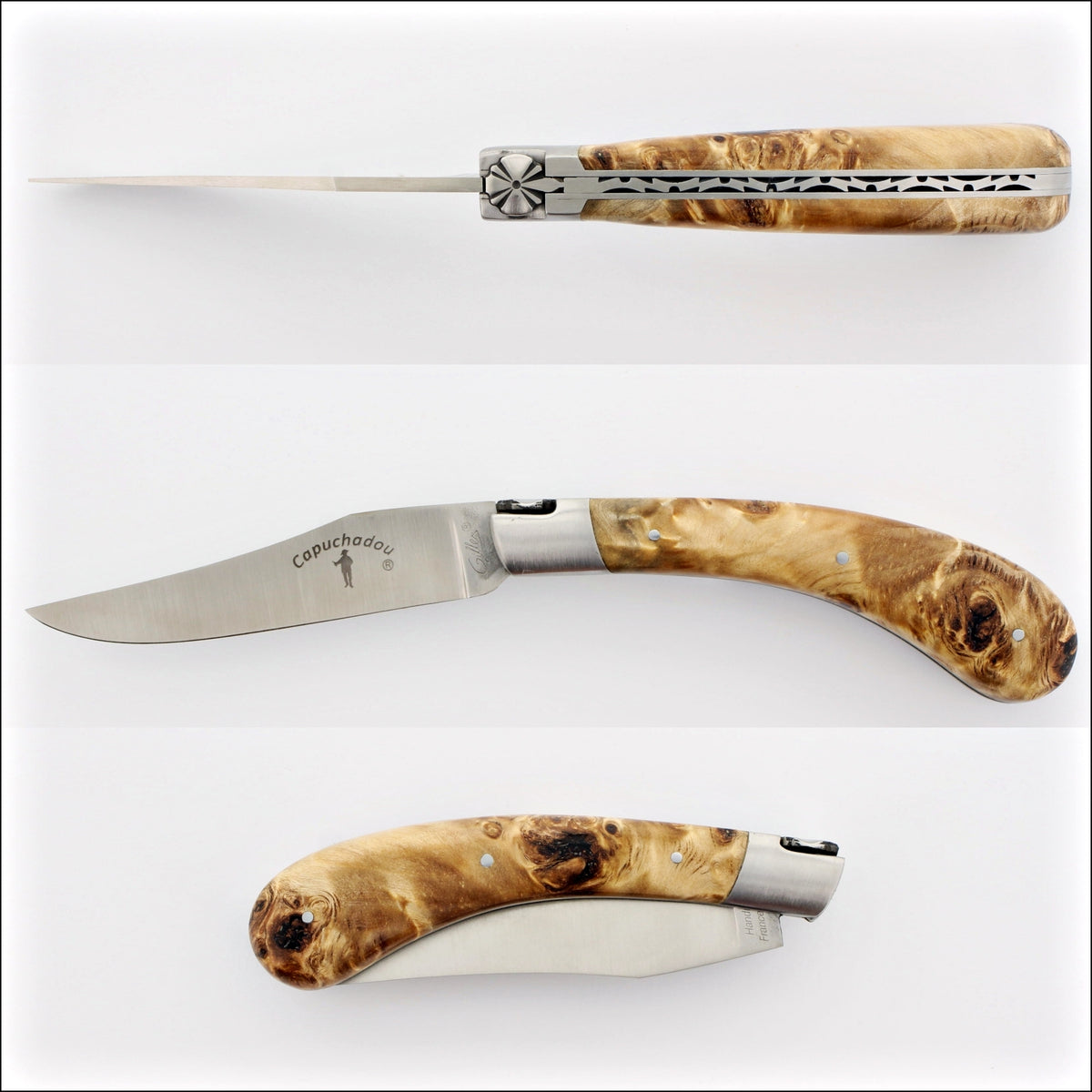Capuchadou 12 cm Classic Folding Knife - Poplar Burl. Top-down view of the open knife, showing the light brown burl handle and stainless steel blade. Handcrafted details, 100% Made in France.