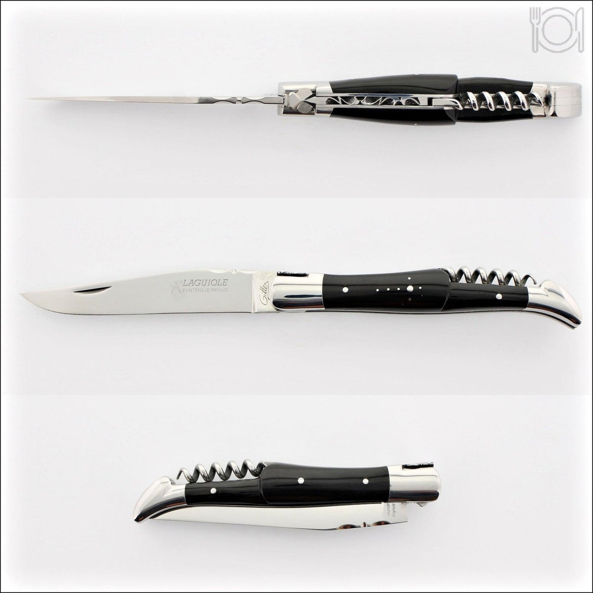 Classic Laguiole Corkscrew Knife Dark Horn Tip Handle, side view of open and closed knife. Handcrafted details, 100% Made in France.