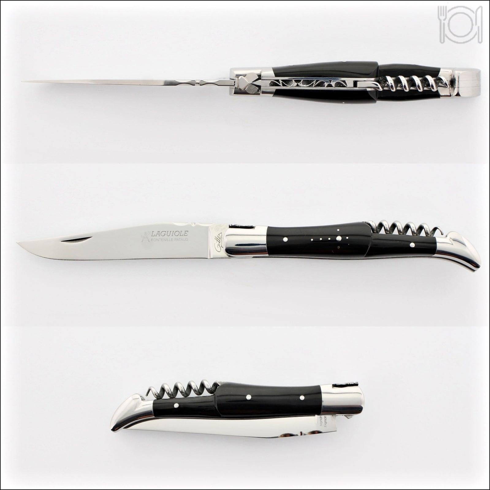 Classic Laguiole Corkscrew Knife Dark Horn Tip Handle, side view of open and closed knife. Handcrafted details, 100% Made in France.
