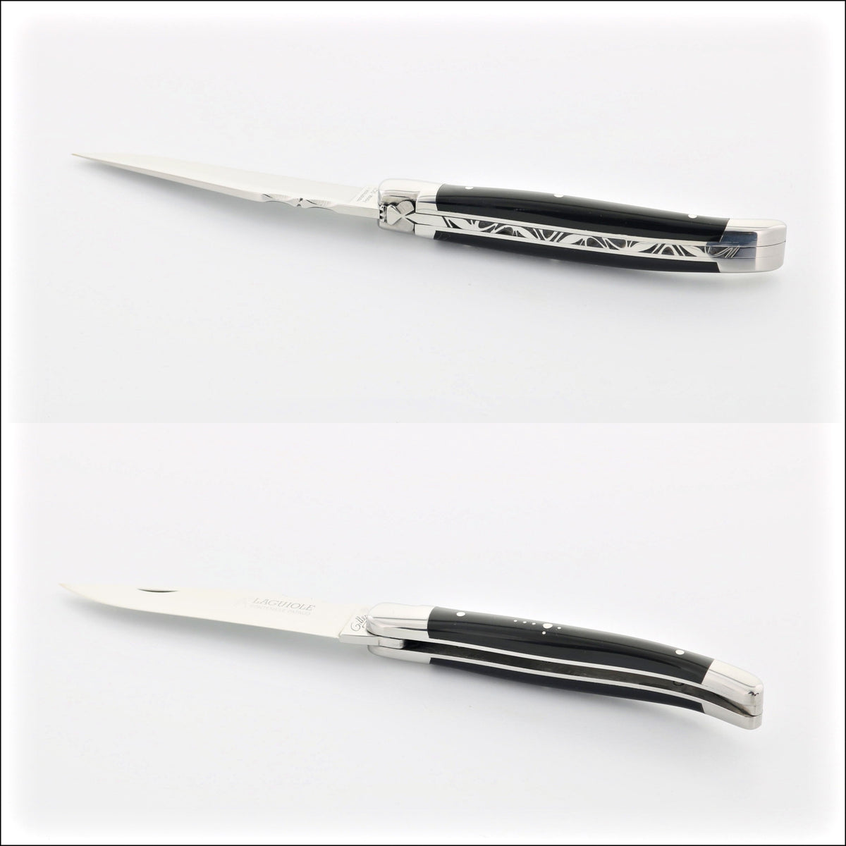 Classic Laguiole Pocket Knife 11 cm, black horn tip handle, side view. Handcrafted details, 100% Made in France.