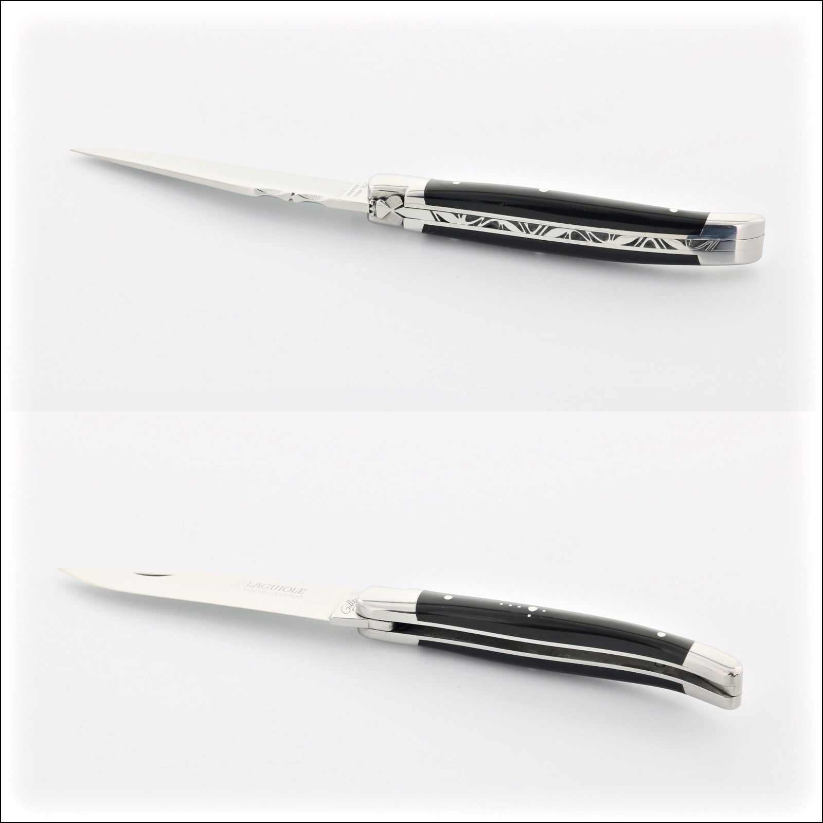 Classic Laguiole Pocket Knife 11 cm Black Horn Tip Handle, side view. Handcrafted details, 100% Made in France.