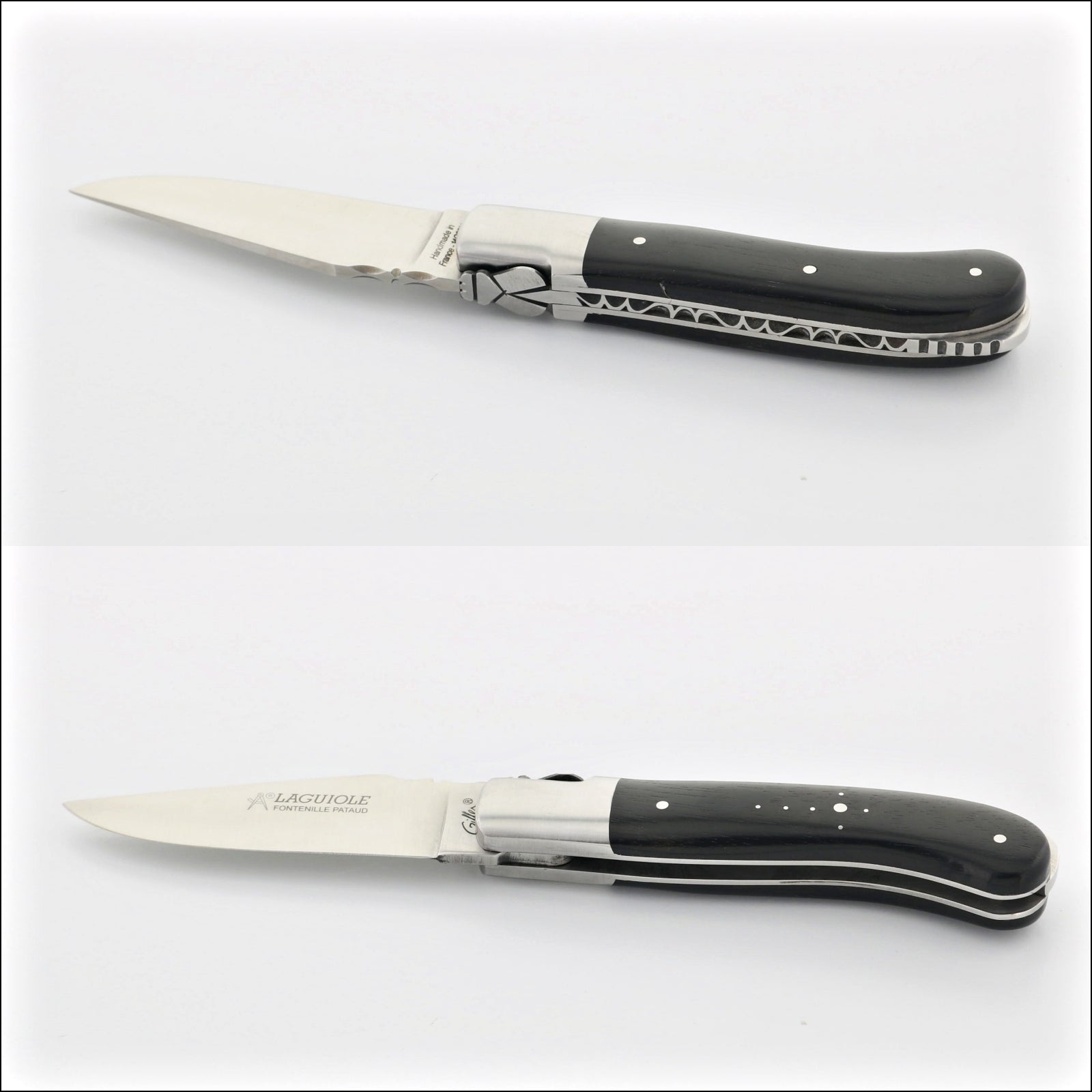 Laguiole Gentleman's Knife - Ebony. Side view, open blade with "LAGUIOLE" engraving. Handcrafted details, 100% Made in France.