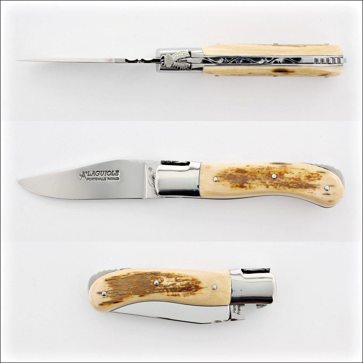 Laguiole Gentleman's Knife, Mammoth Ivory. Top-down view of the open blade and handle. Handcrafted details, 100% Made in France.