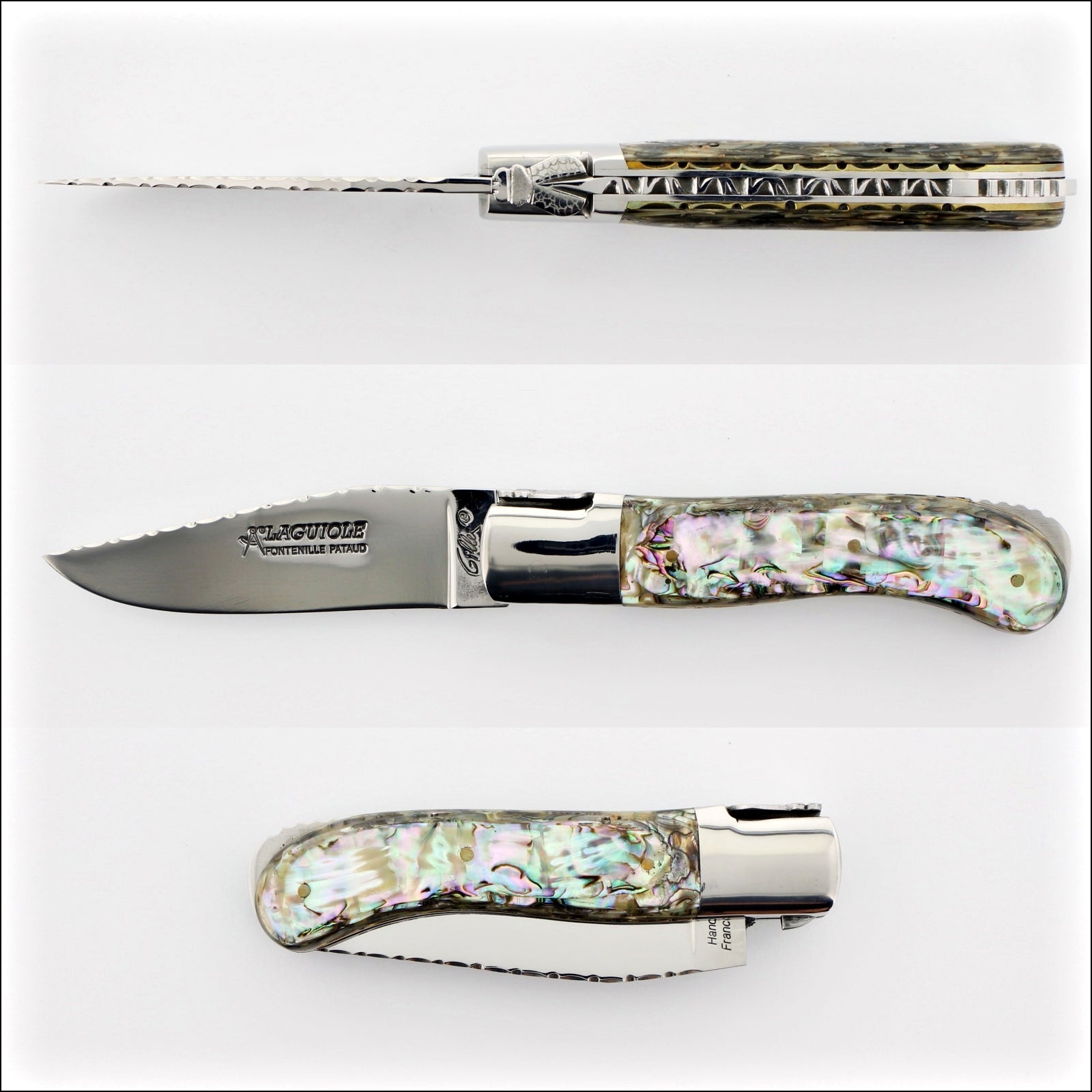 Laguiole Gentleman's Knife Guilloche - Mother of Pearl. Close-up side view of the iridescent handle. Handcrafted details, 100% Made in France.