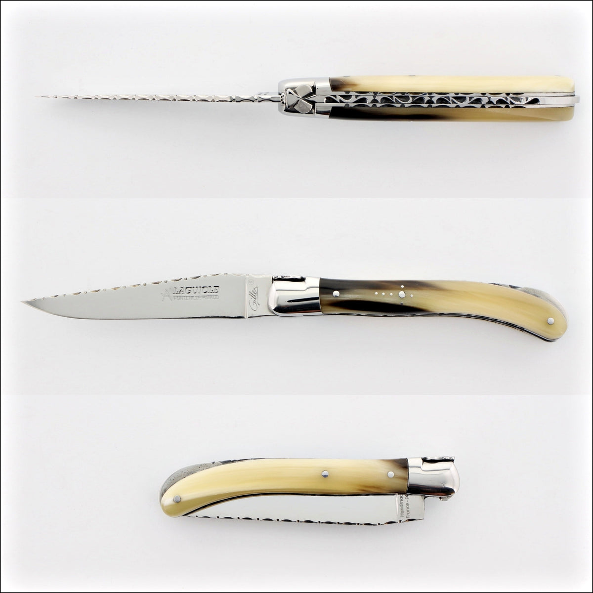 Laguiole Le Pocket Guilloche Flamed Horn Tip Handle, close-up of the handle and blade. Handcrafted details, 100% Made in France.