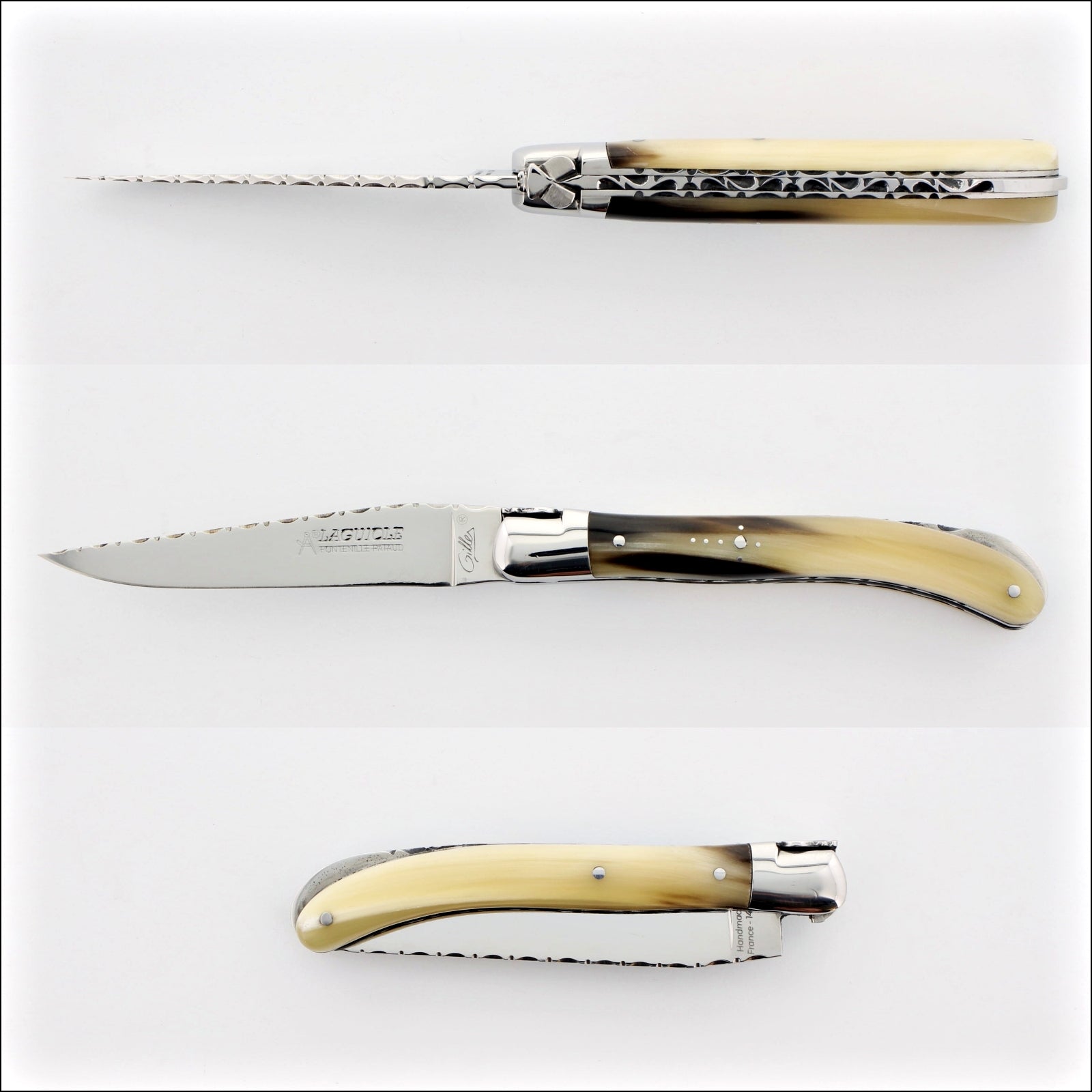 Laguiole Le Pocket Guilloche Flamed Horn Tip Handle, close-up of the handle and blade. Handcrafted details, 100% Made in France.
