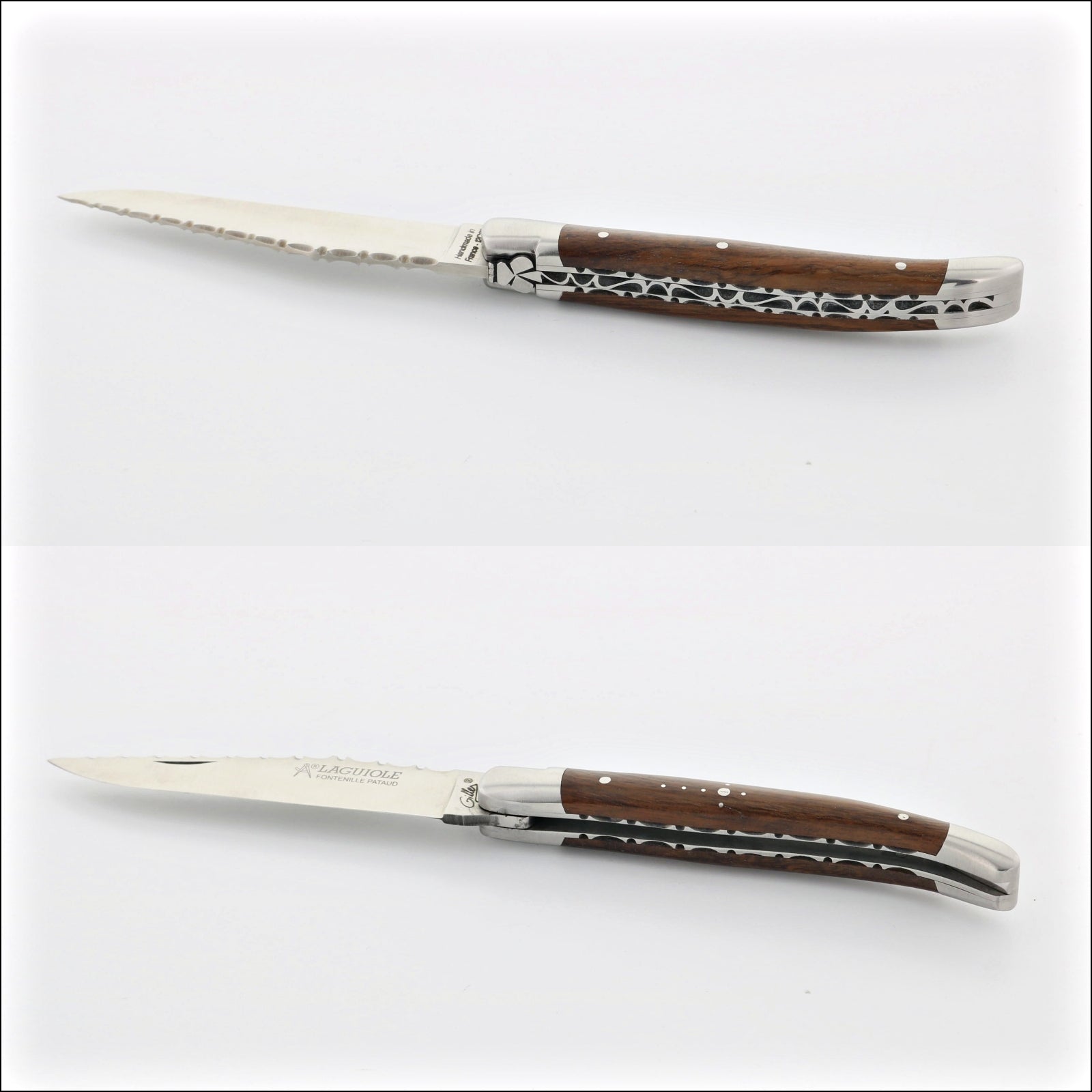 Laguiole Le Pocket Guilloche Ironwood Handle, top-down view of open blade and closed knife. Handcrafted details, 100% Made in France.