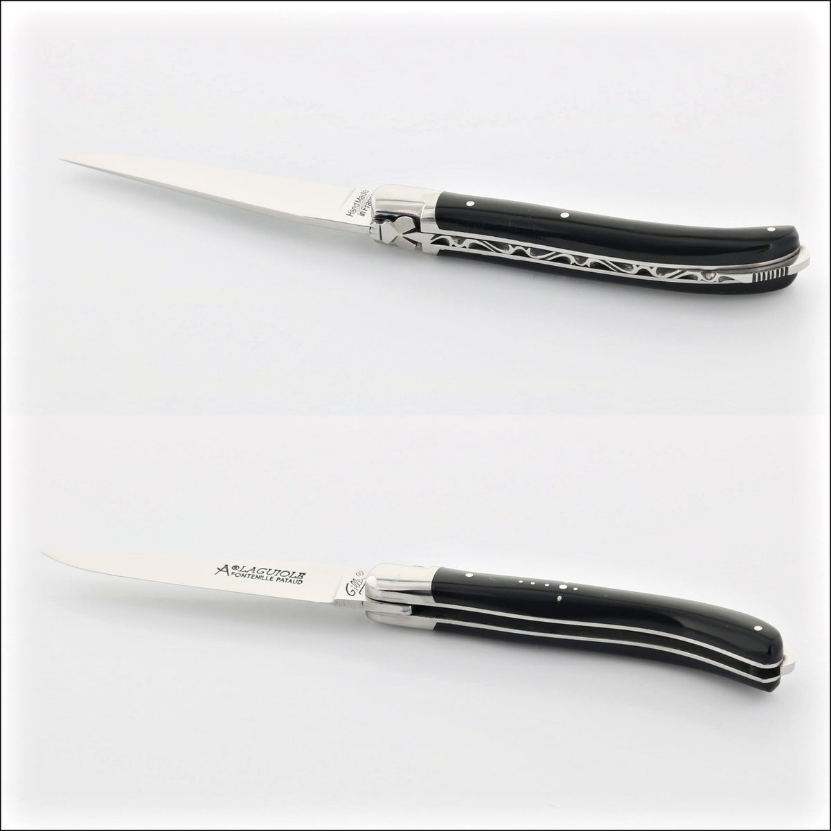 Laguiole XS 9 cm Classic Black Horn Tip pocket knife, top and bottom views. Handcrafted details, 100% Made in France.