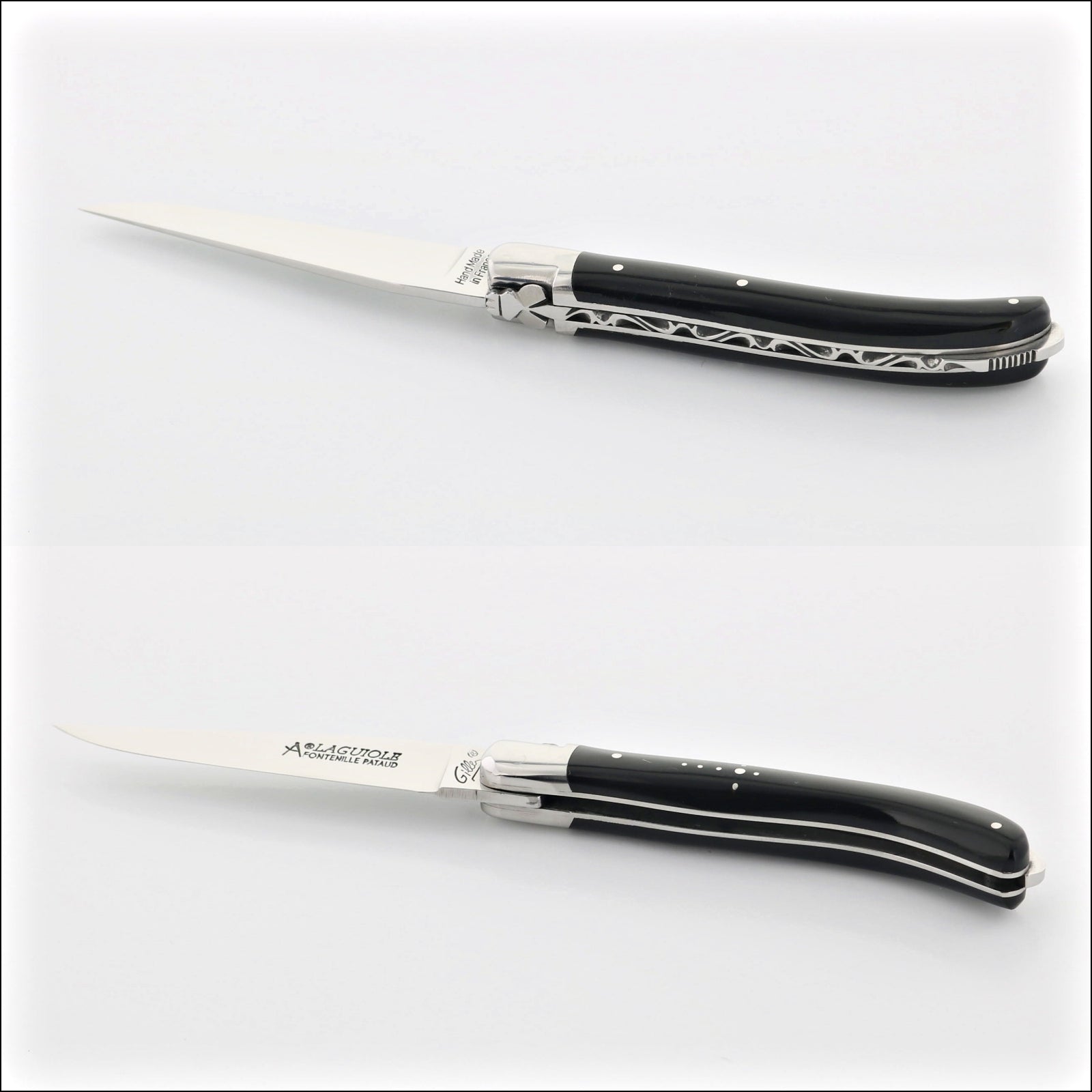 Laguiole XS 9 cm Classic Black Horn Tip, top, side, and closed views. Handcrafted details, 100% Made in France.