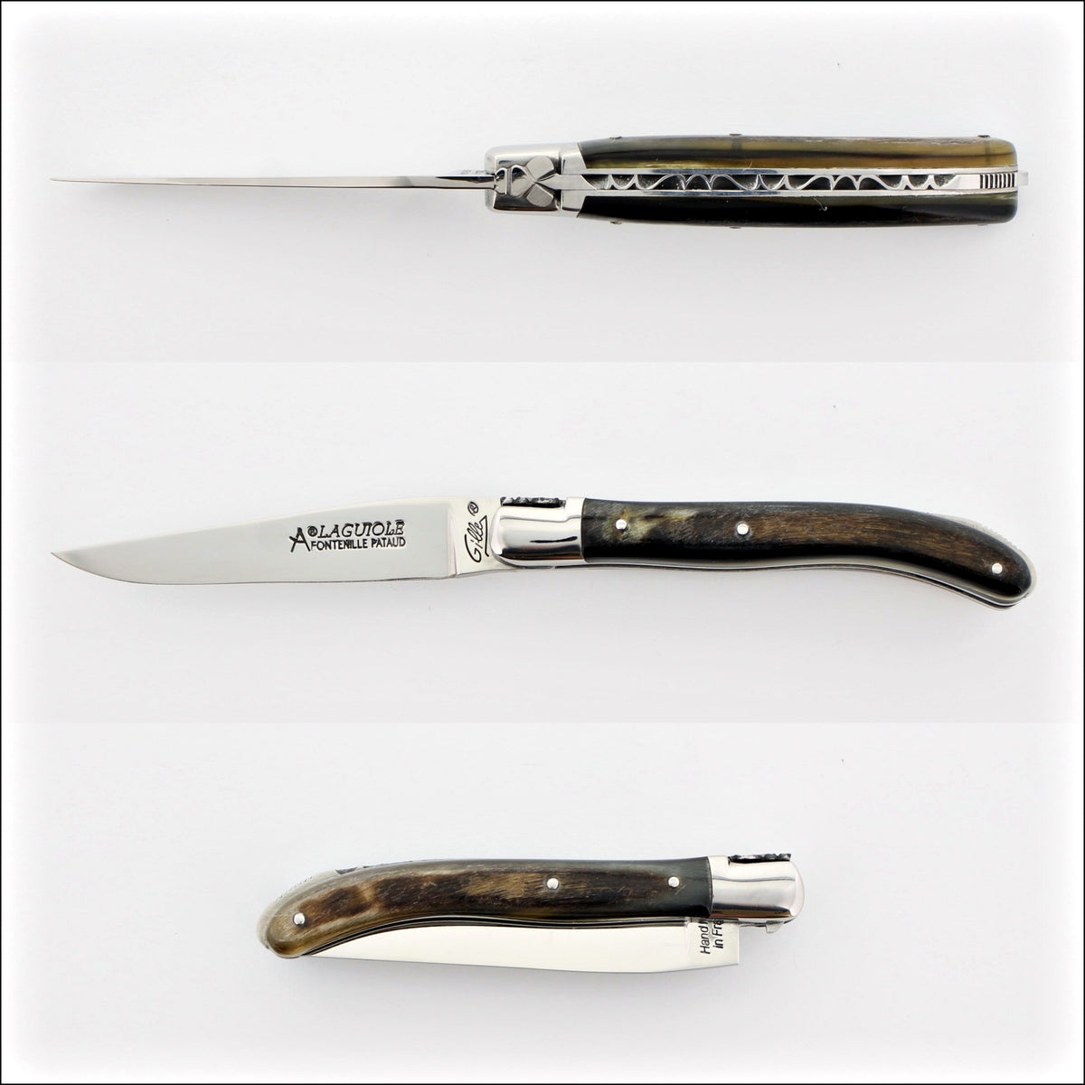 Laguiole XS 9 cm Classic Dark Ram Horn pocket knife, open and closed side views. Handcrafted details, 100% Made in France.