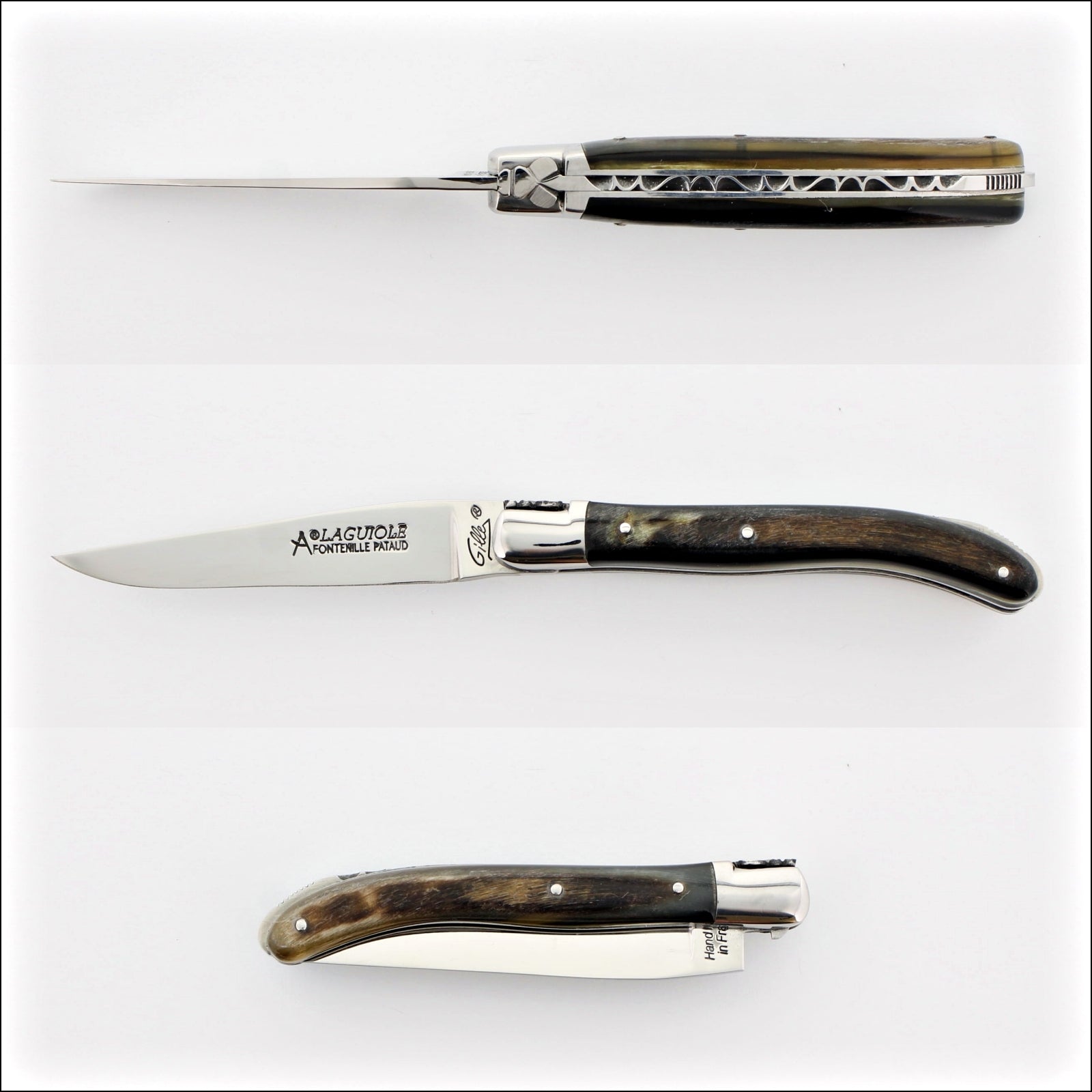 Laguiole XS 9 cm Classic Dark Ram Horn pocket knife, open and closed side views. Handcrafted details, 100% Made in France.