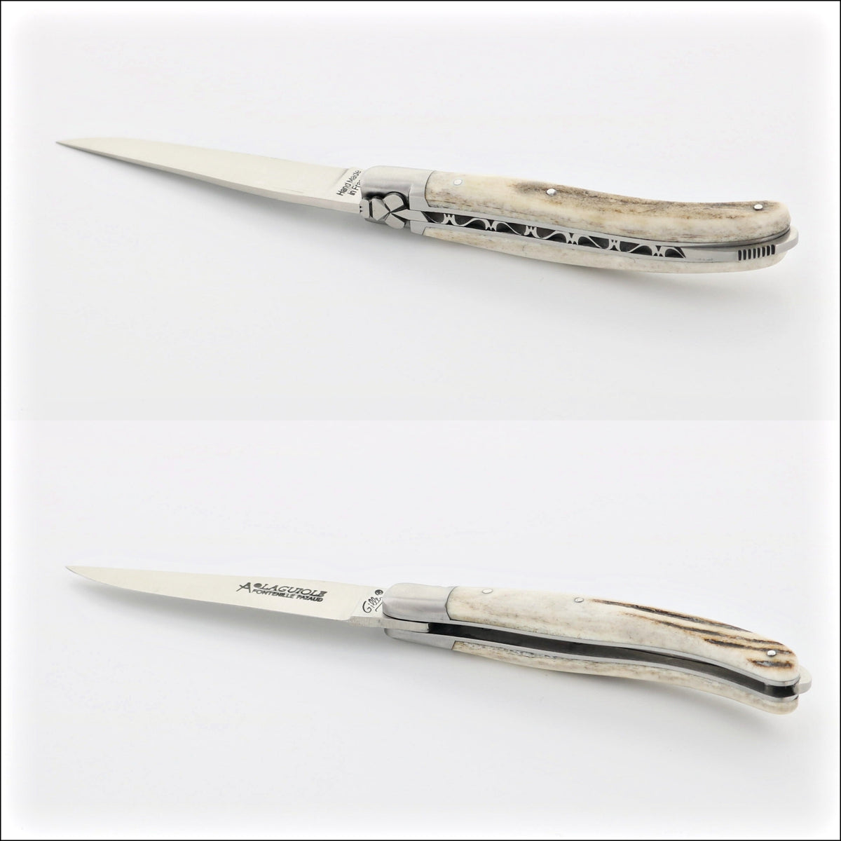 Laguiole XS 9 cm Classic Deer Stag pocket knife, side view showing the light brown stag handle.