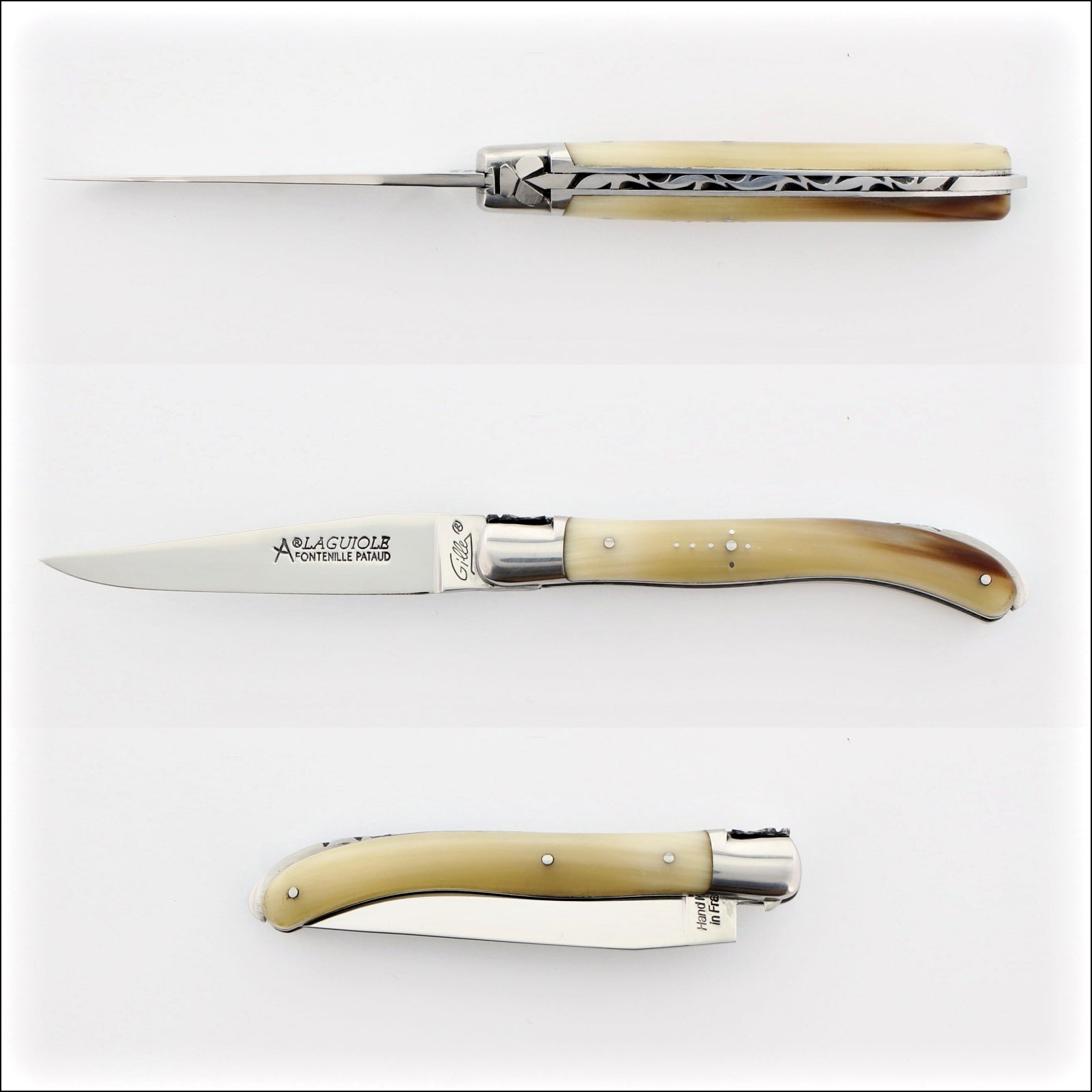 Laguiole XS 9 cm Classic Light Horn Tip, top-down view of open and closed pocket knife. Handcrafted details, 100% Made in France.