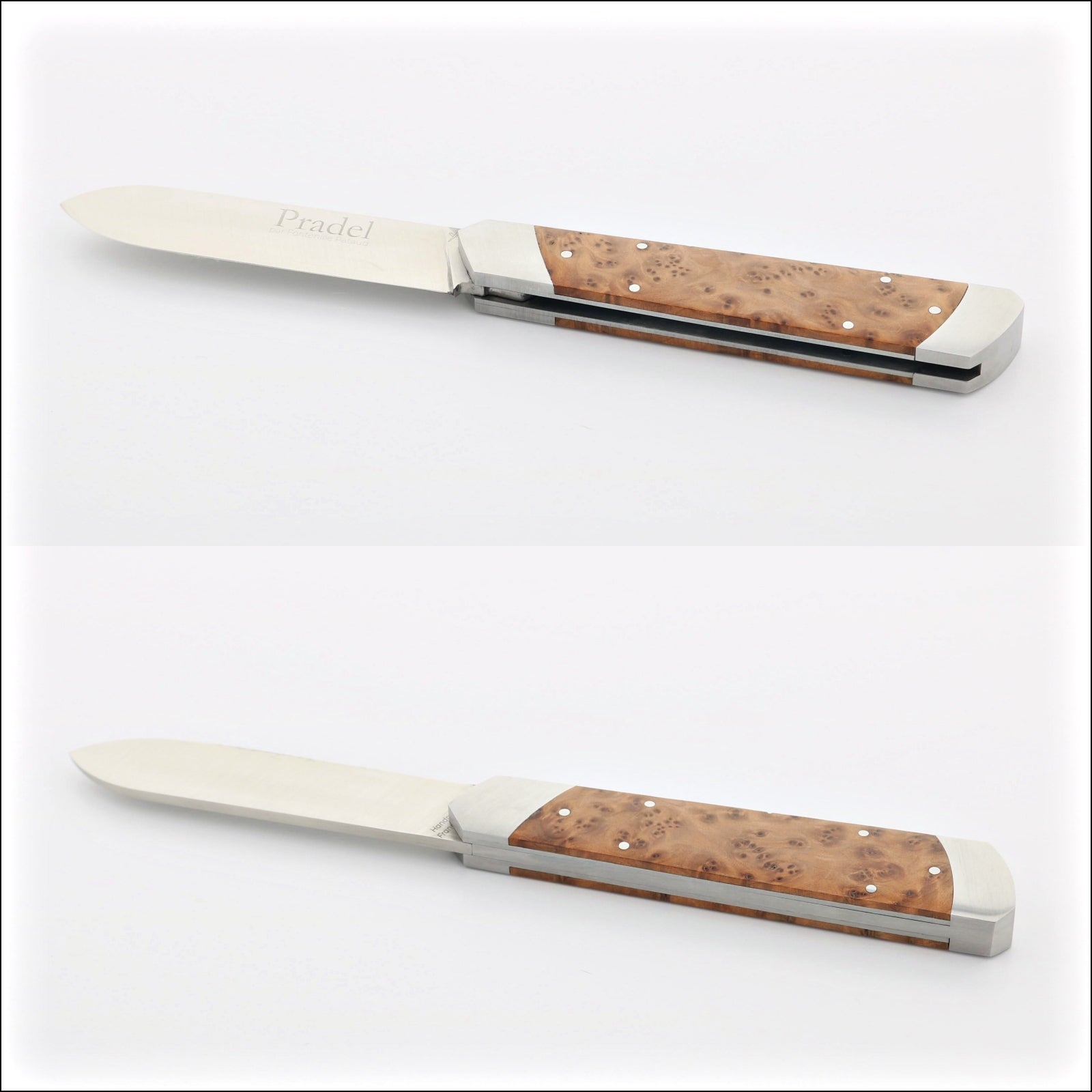 Pradel Folding Knife Thuya Handle & Hidden Lock-Back, close-up of the Thuya wood handle with silver rivets. Handcrafted details, 100% Made in France.