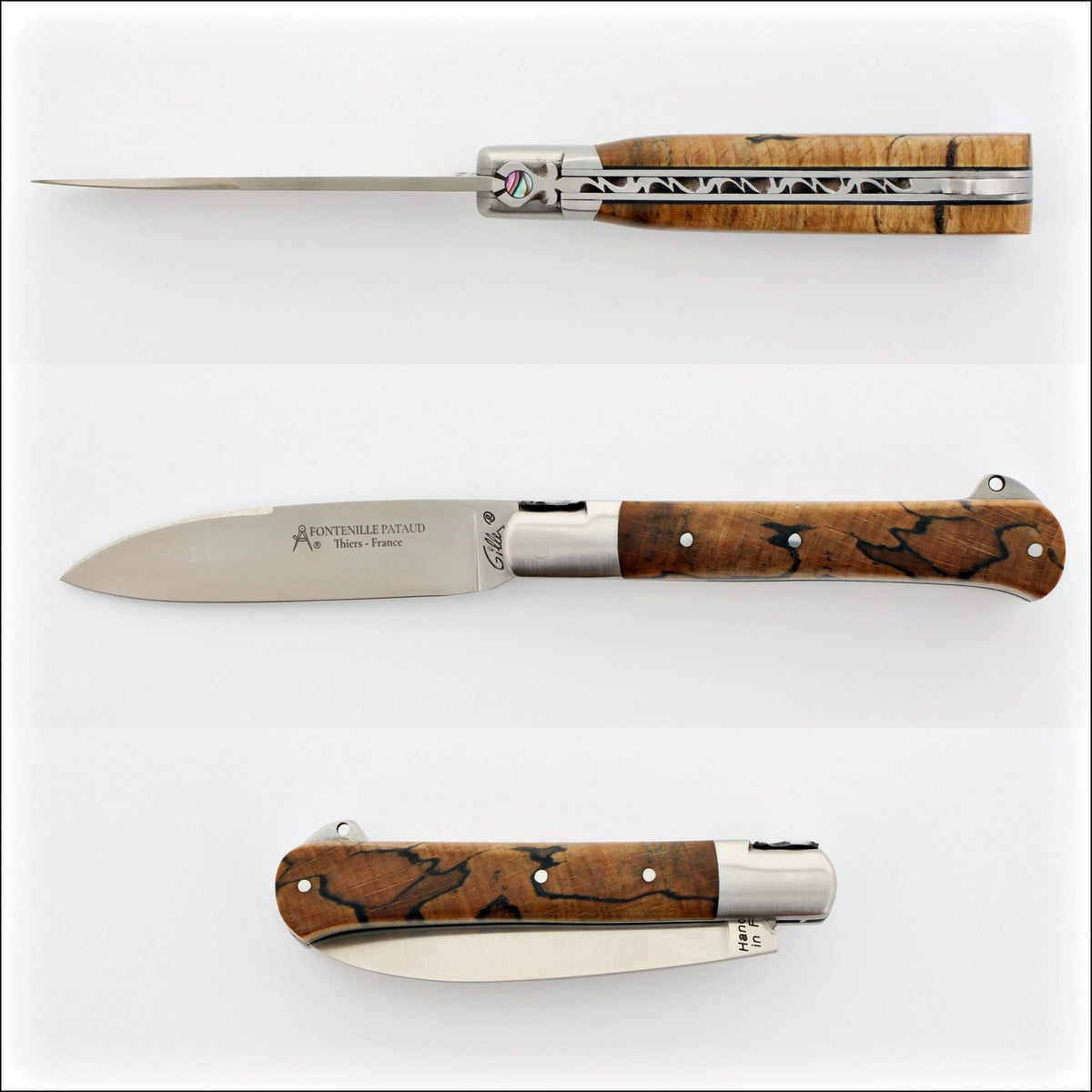 Yssingeaux 11 cm Classic Pocket Knife, side view of open blade and burled beech handle. Handcrafted details, 100% Made in France.