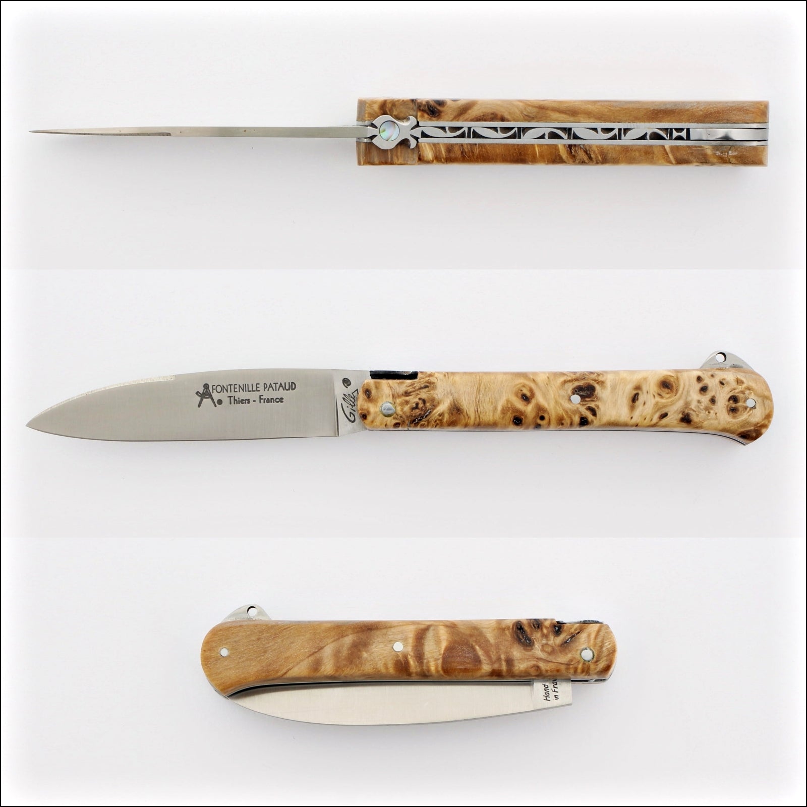Yssingeaux 11 cm Classic Pocket Knife - Poplar Burl. Top-down view of the open knife, showcasing the intricate poplar burl handle and polished blade. Handcrafted details, 100% Made in France.