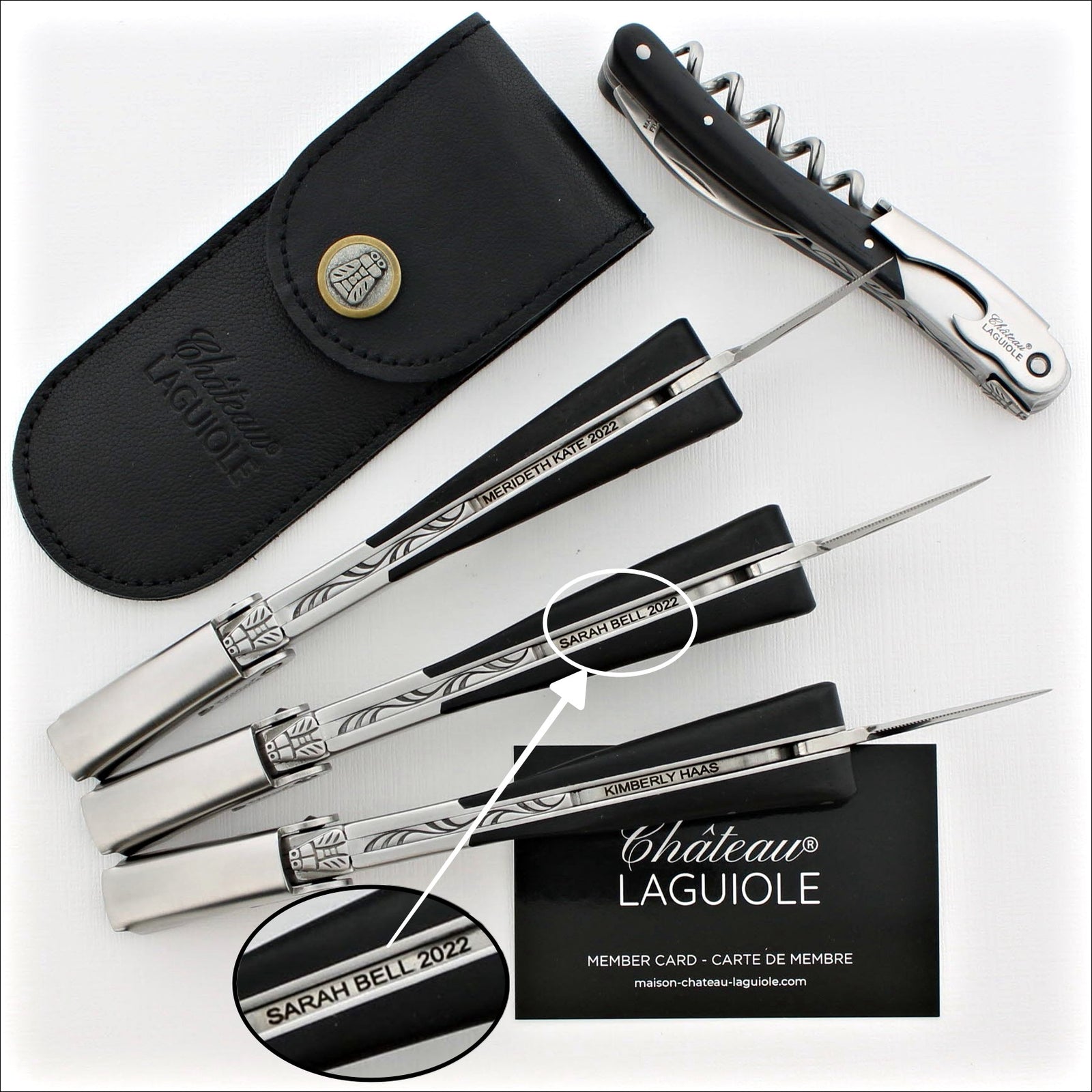 top view of 3 chateau laguiole Melchior (wide handle) ebony handle corkscrews with inner engraving handle