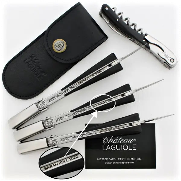 top view of 3 corkscrews with inner engraving handle