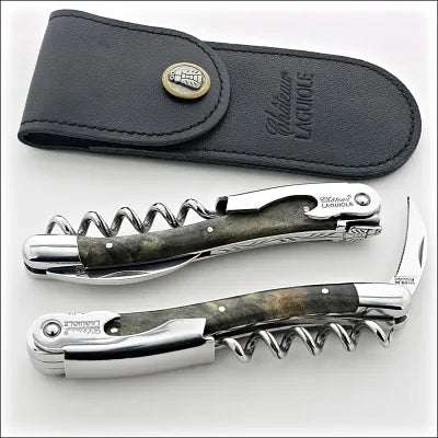 2 chateau laguiole corkscrews view of both sides with black belt sheath made of leather - handle made of Buckeye Burl 