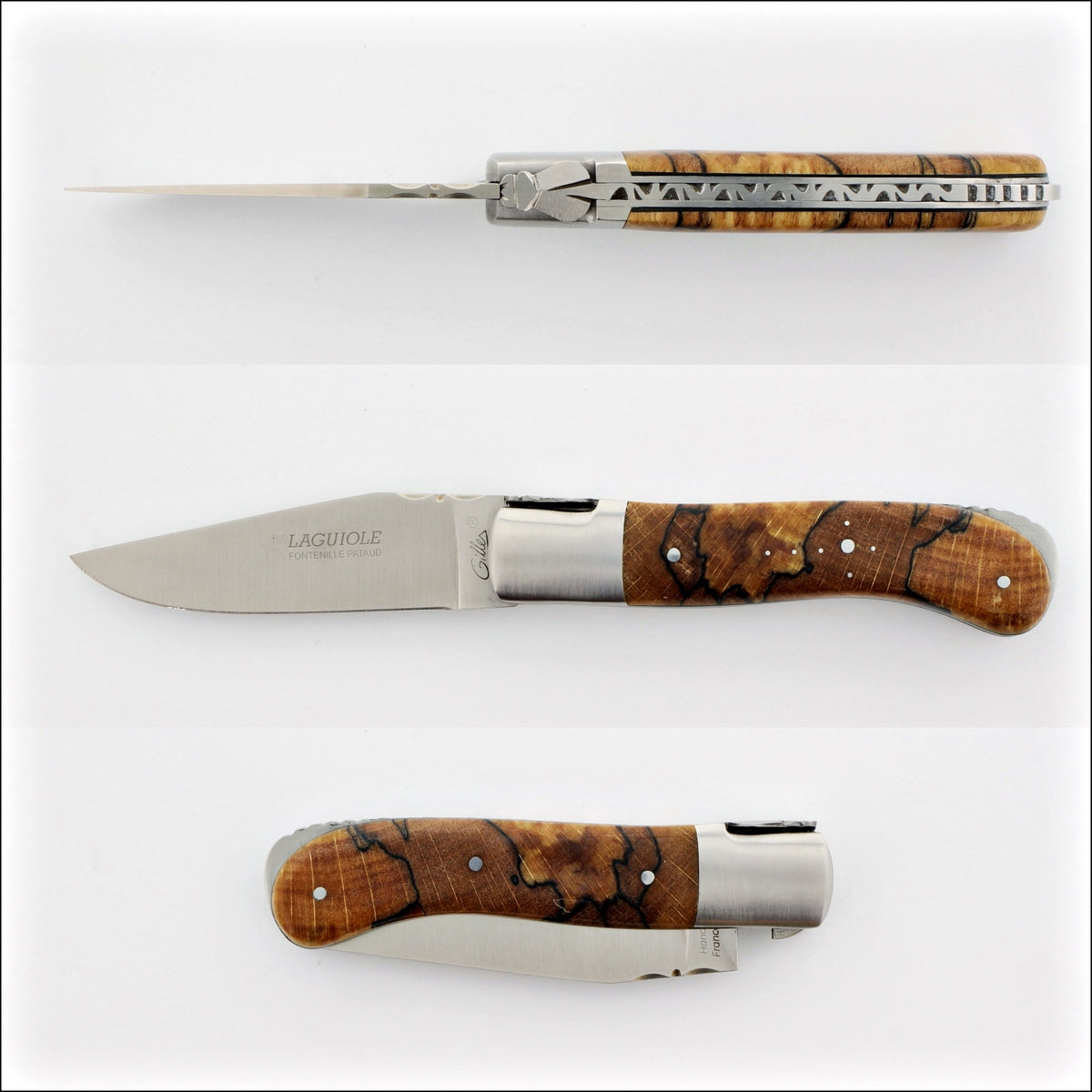 Laguiole Gentleman's Knife - Burled Beech End Grain, top-down view of open blade, closed, and folded. Handcrafted details, 100% Made in France.