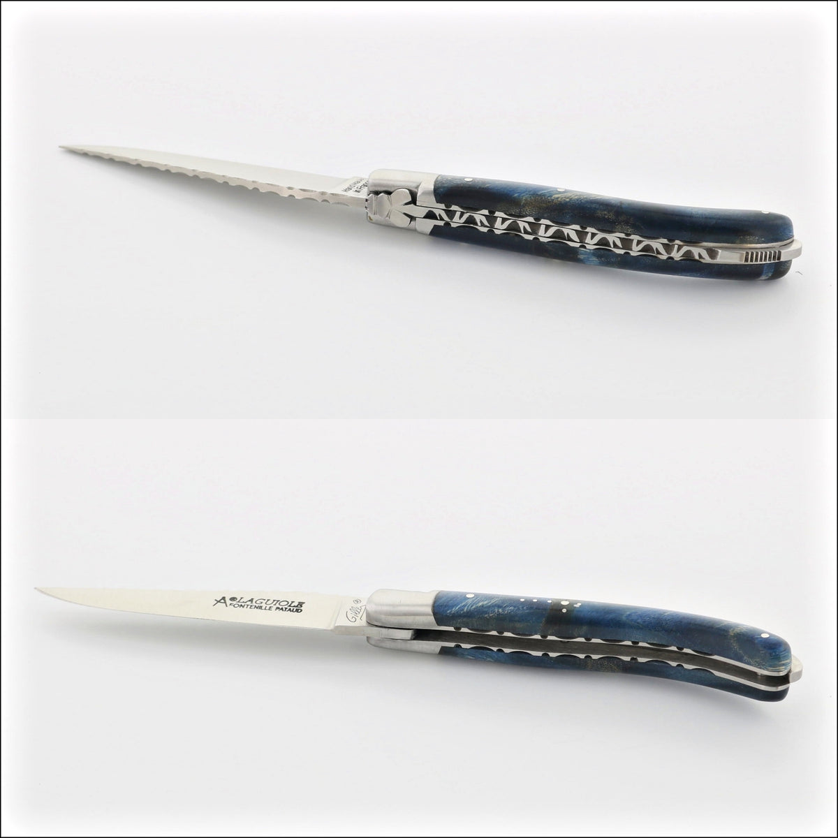 Laguiole XS 9 cm Guilloche Blue Poplar Burl Handle, close-up of the serrated blade and handle details. Handcrafted details, 100% Made in France.
