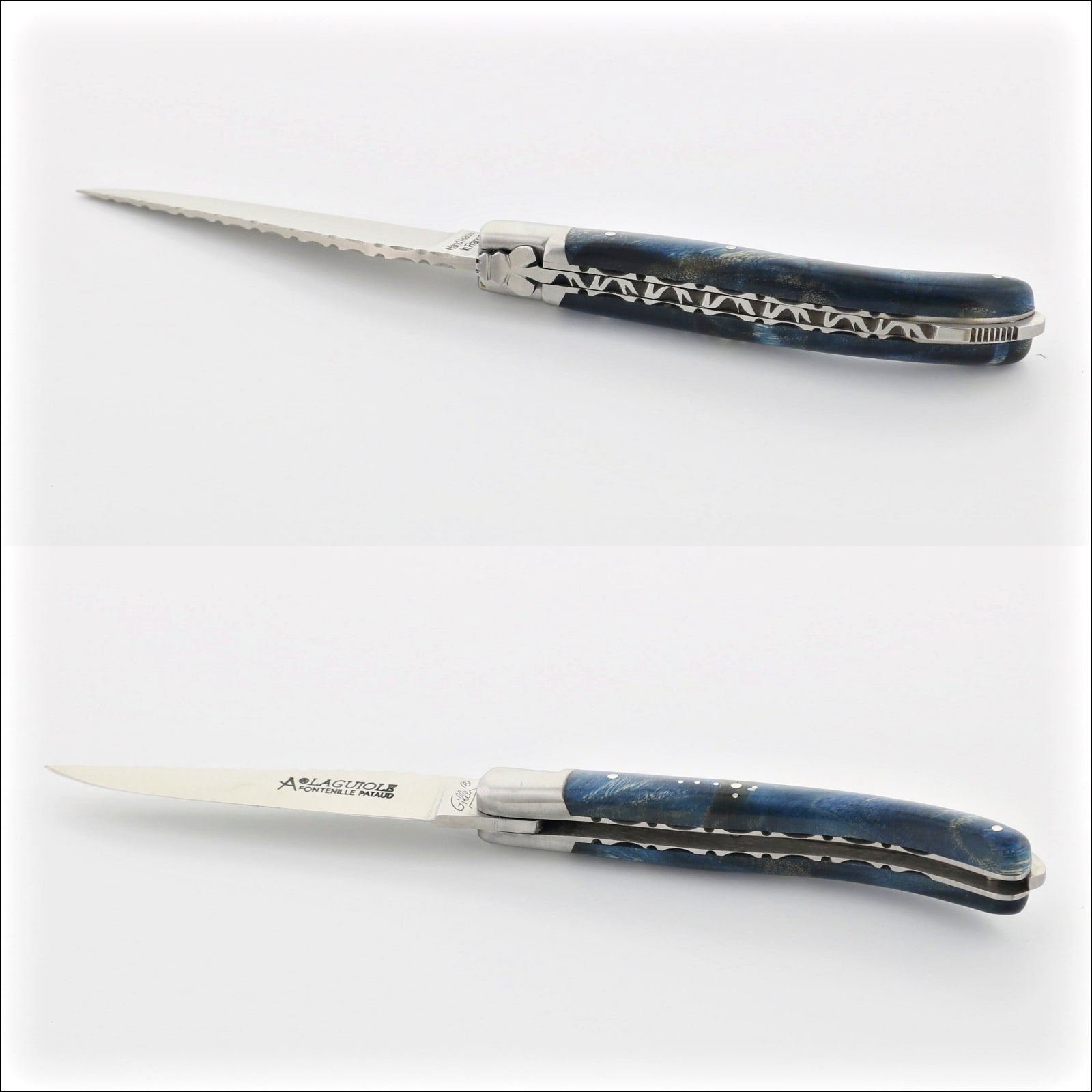 Laguiole XS 9 cm Guilloche Blue Poplar Burl Handle, close-up of the spine, side, and closed views. Handcrafted details, 100% Made in France.