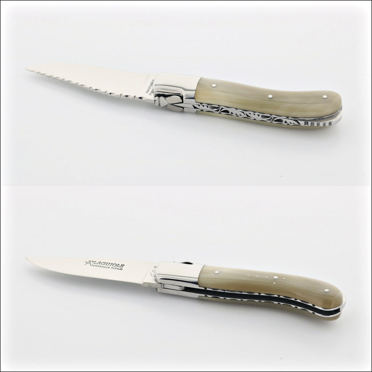 Laguiole Gentleman's Knife Guilloche - Horn Tip. Top-down view of the elegant horn handle. Handcrafted details, 100% Made in France.