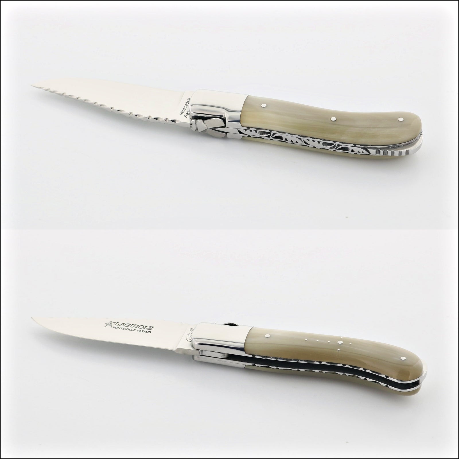 Laguiole Gentleman's Knife Guilloche - Horn Tip, side view of closed knife with horn handle. Handcrafted details, 100% Made in France.