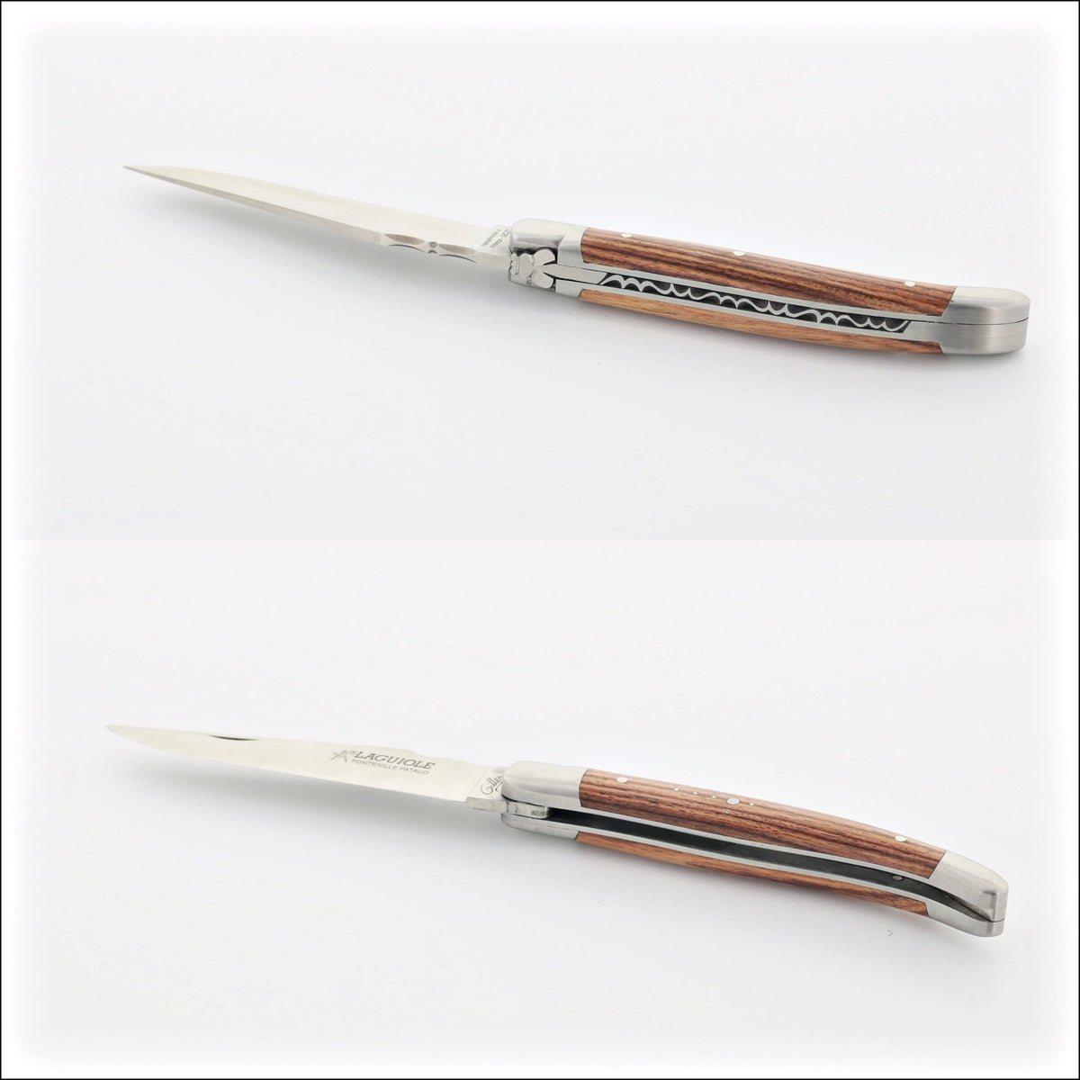 Classic Laguiole Pocket Knife 11 cm Cocobolo Handle, top and side views. Handcrafted details, 100% Made in France.