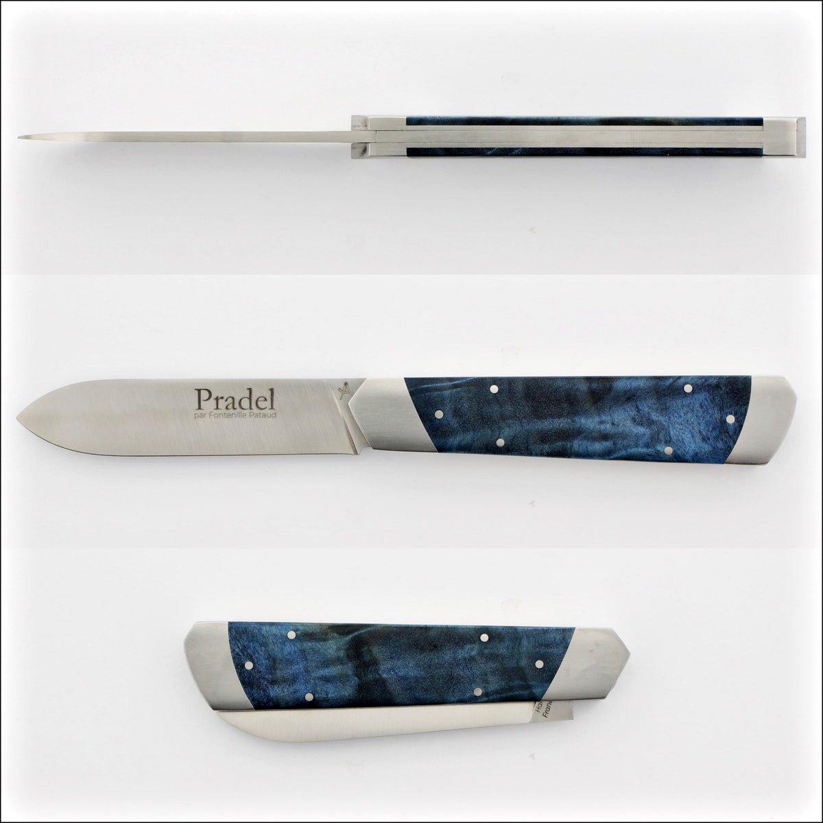 Pradel Knife Blue Poplar Burl Handle & Hidden Lock-Back
