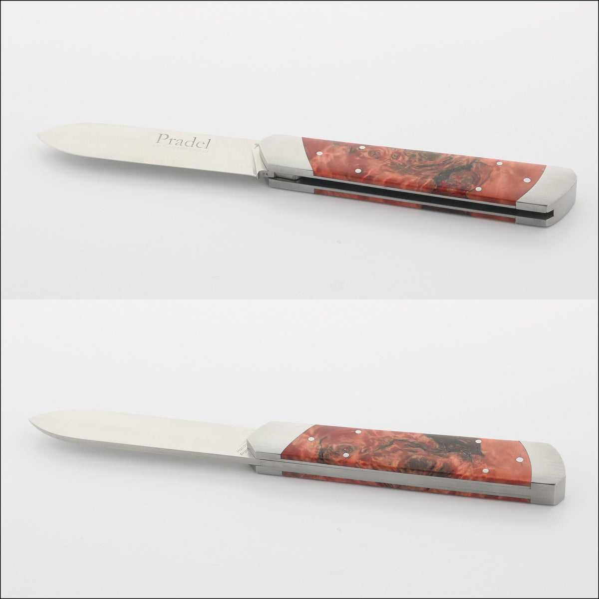 Pradel Knife Red Poplar Burl Handle & Hidden Lock-Back