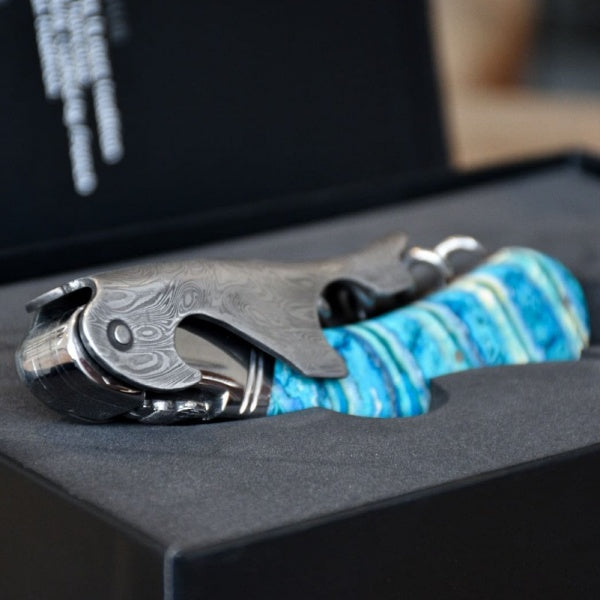 magnum corkscrew with Damascus boot lever  and turquoise mammoth tooth handle