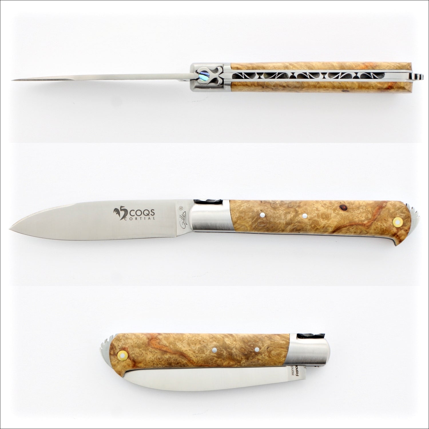 5 Coqs Pocket Knife - Amboyna Burl & Mother of Pearl Inlay