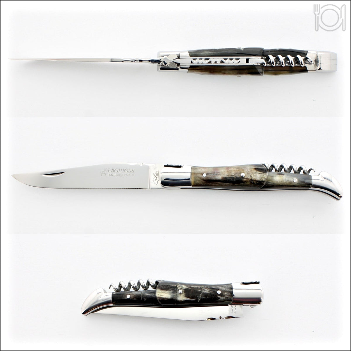 Classic Laguiole Corkscrew Knife Dark Ram Horn Handle, side view with open blade. Handcrafted details, 100% Made in France.