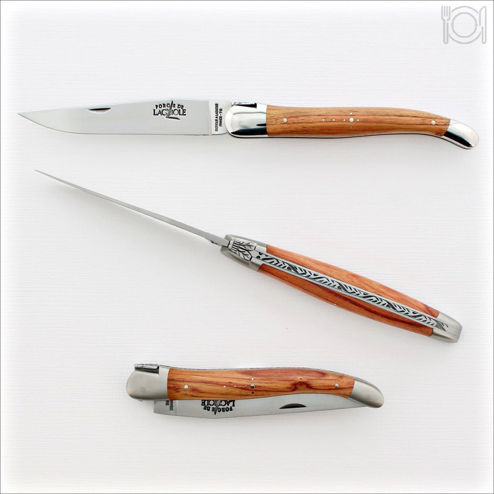 Set of 2 Laguiole Forged Steak Knives Guilloche Ebony & Rosewood marquetry