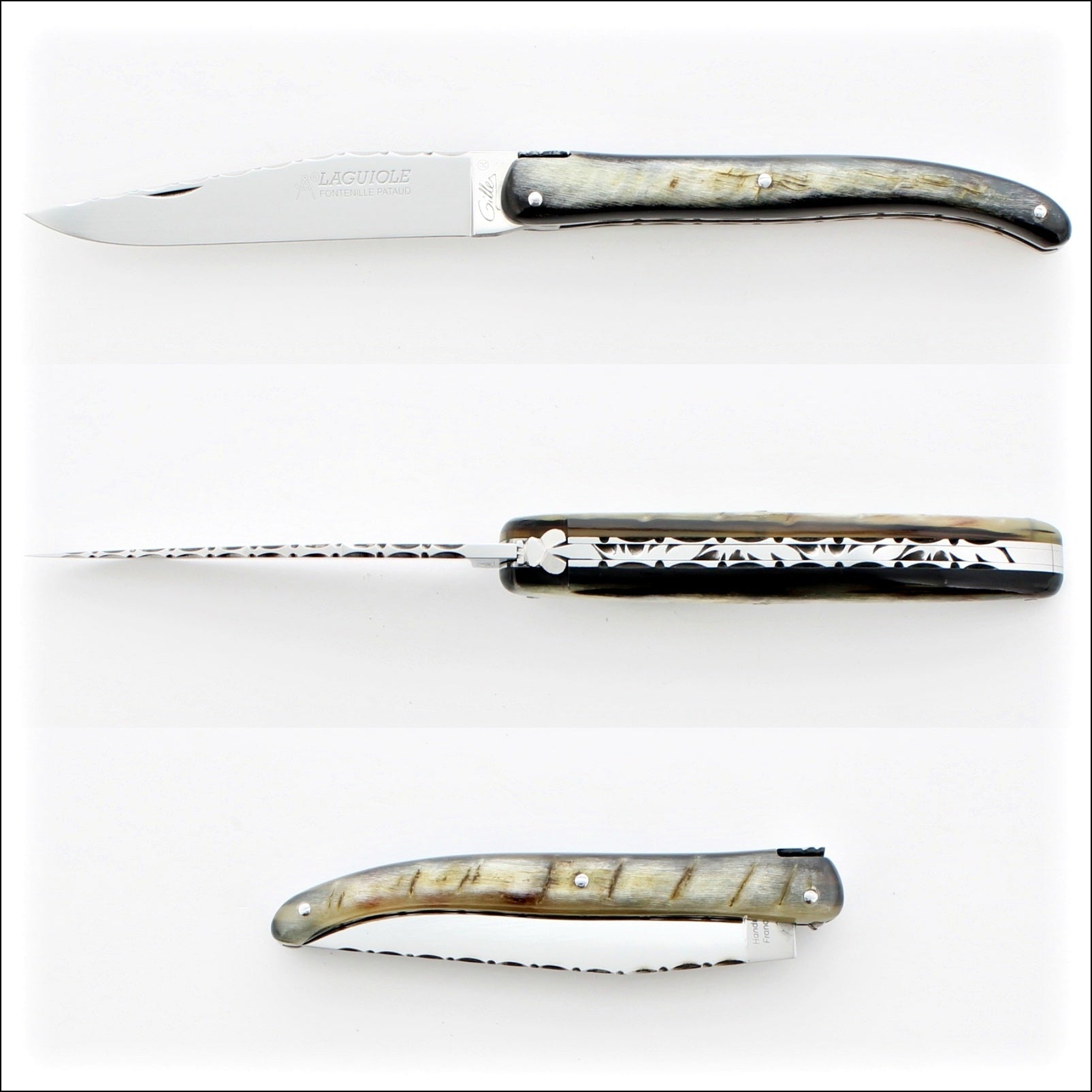 Laguiole Full Handle 11 cm Guilloche Pocket Knife Dark Ram Horn Tip