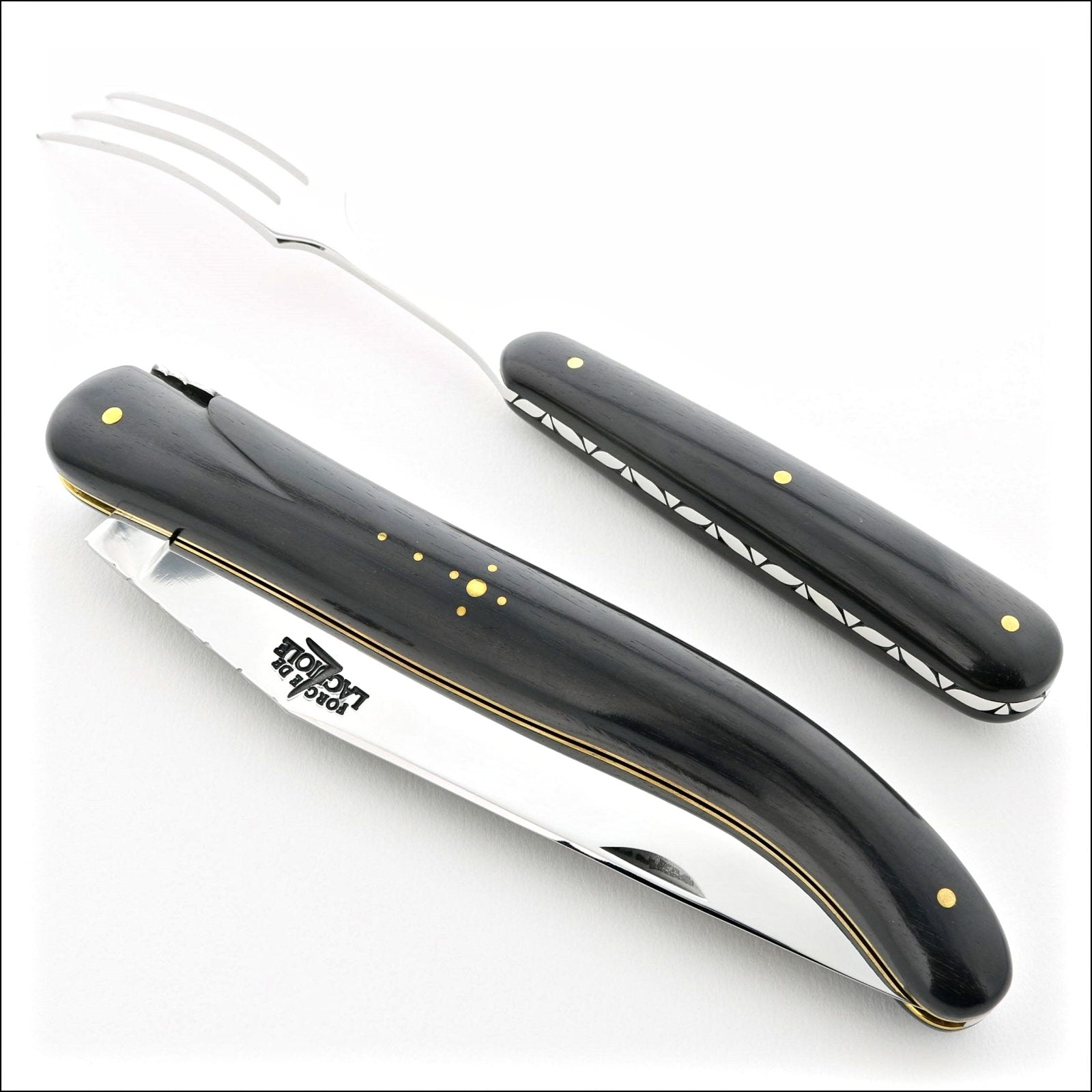 Laguiole Prestige Folding 3XL Carving Set Full Ebony Handle - Chiseled Bee and Spring