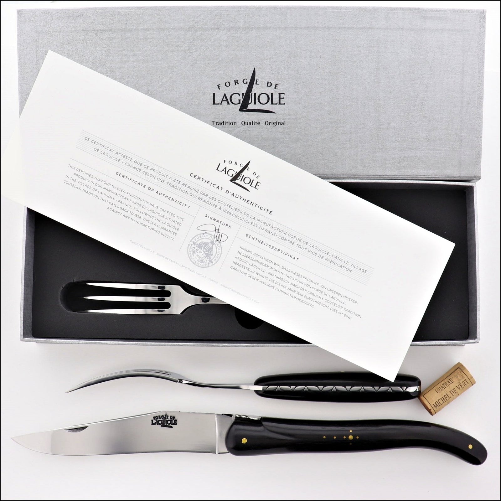 Laguiole Prestige Folding 3XL Carving Set Full Ebony Handle - Chiseled Bee and Spring