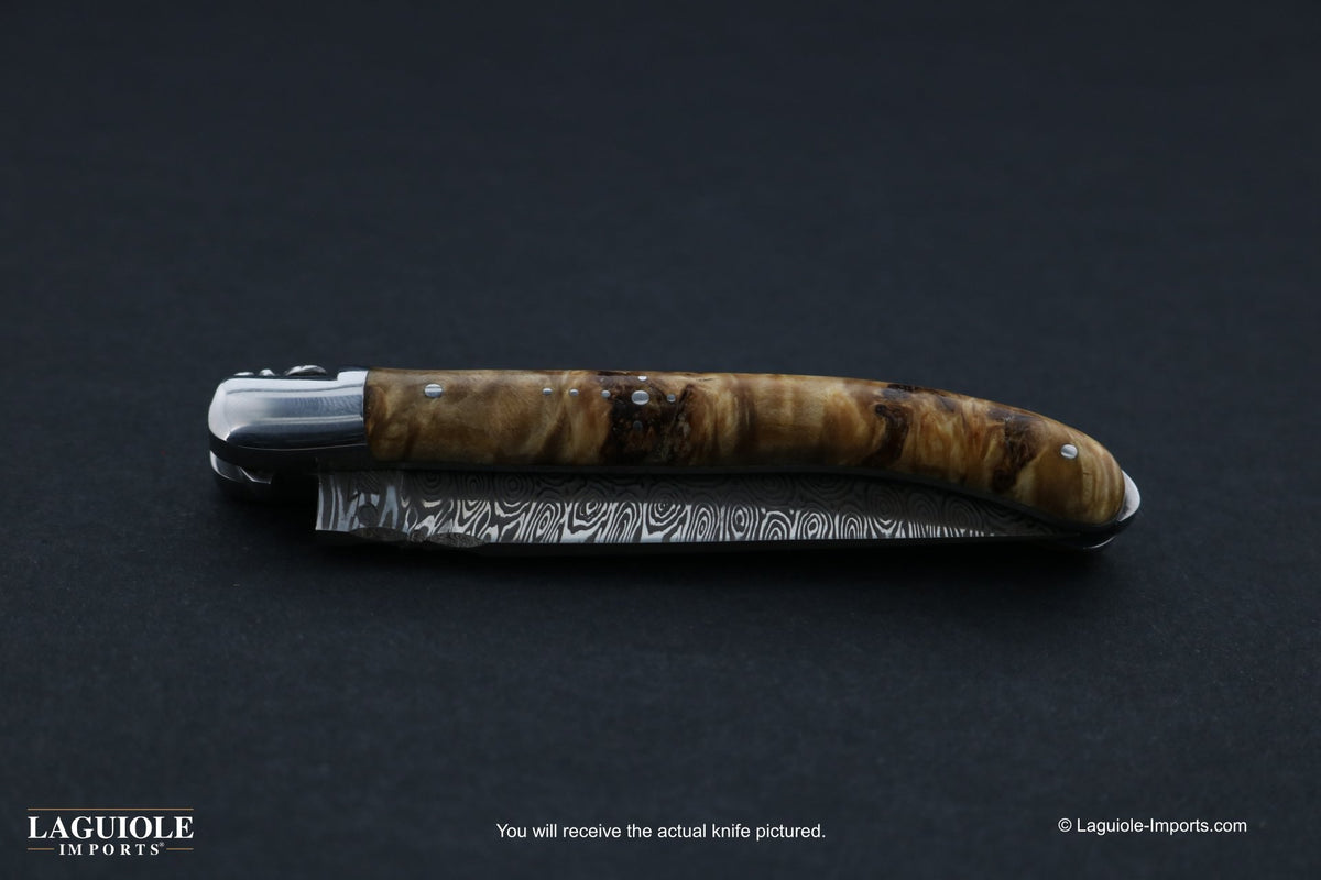 Laguiole XS Damascus Pocket Knife Burled Poplar Handle-POCKET KNIFE