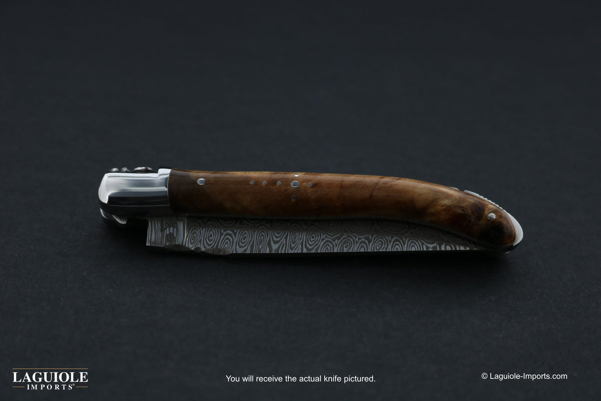 Laguiole XS Damascus Pocket Knife Burled Poplar Handle-POCKET KNIFE