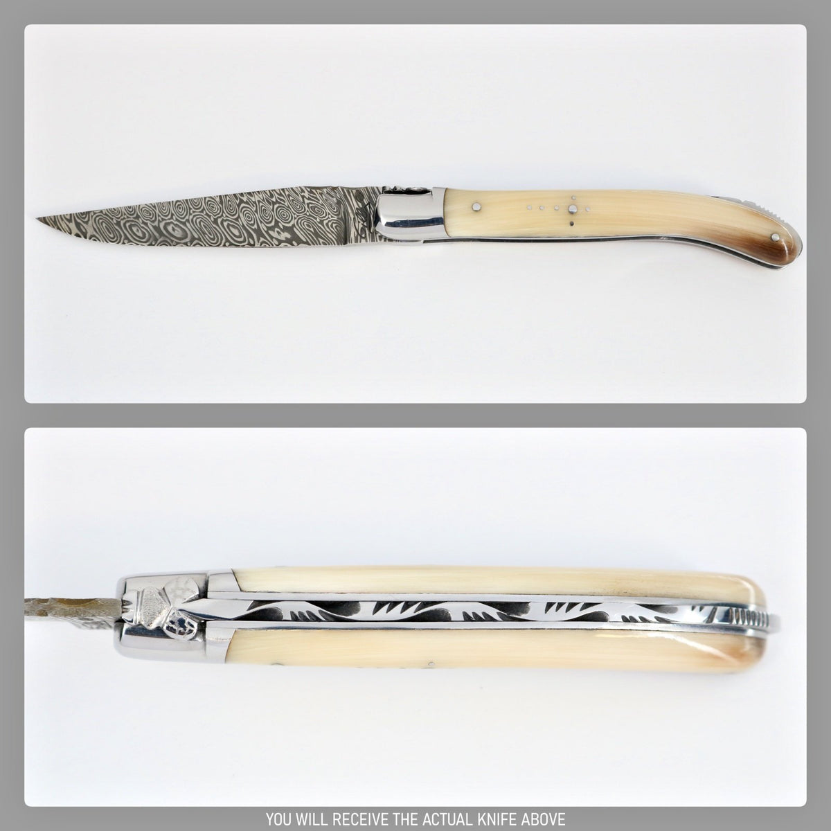 Laguiole XS Damascus Pocket Knife Horn Tip Handle-POCKET KNIFE